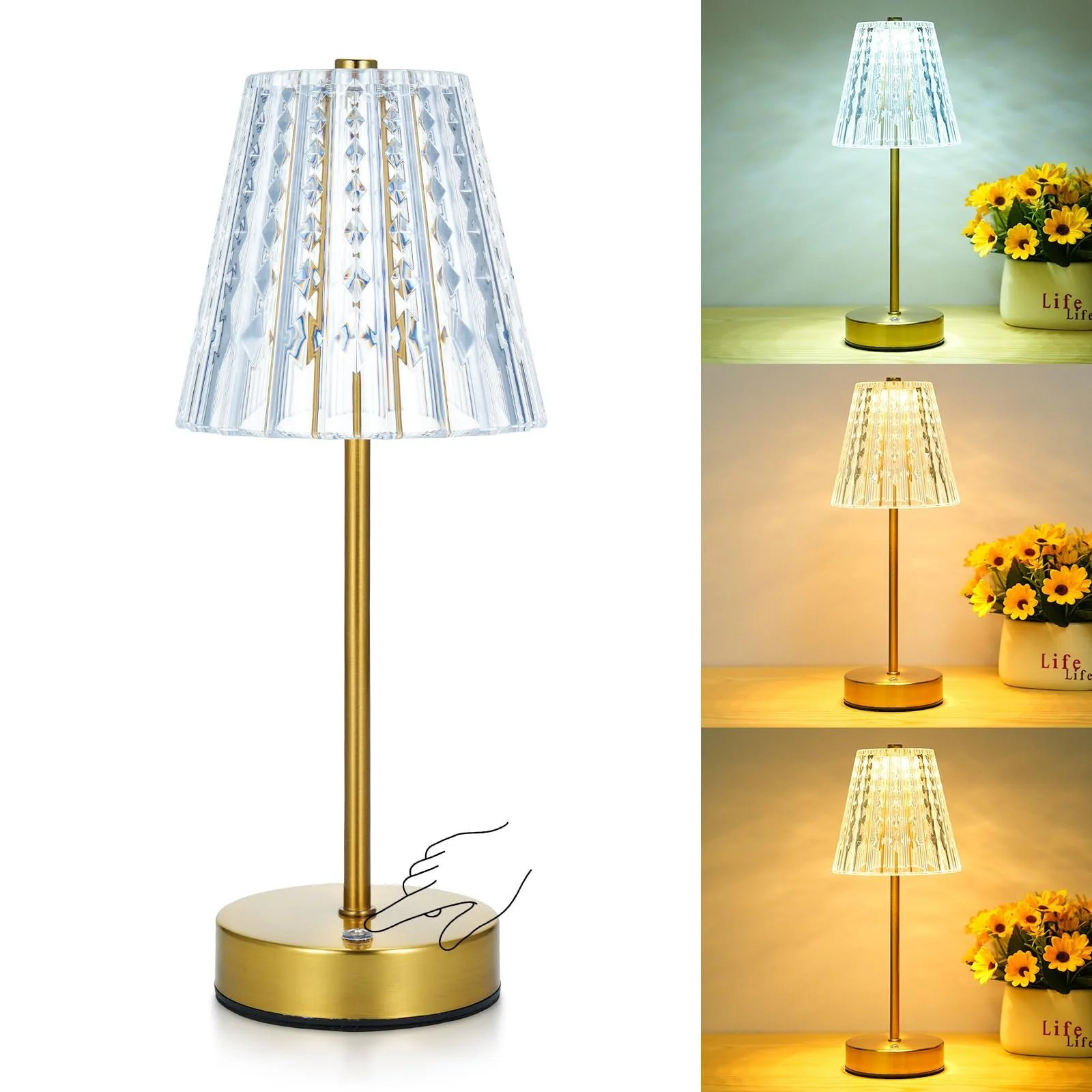 Настільна лампа Lixada Crystal Бездротова Вінтажна 3 кольори LED Сенсорна Акумуляторна Золота, фото №9