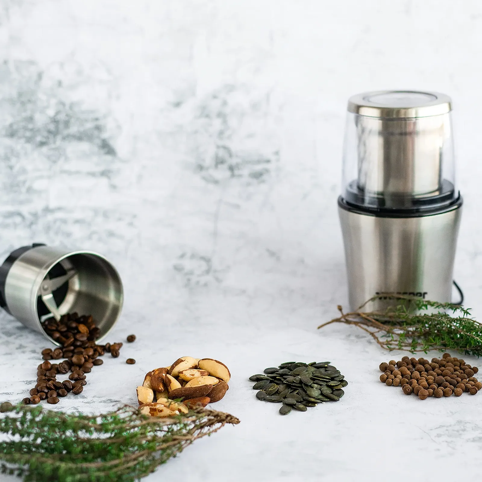 Млин Wessper Mini для спецій та кави з 2 контейнерами з нержавіючої сталі по 70 г, ударний ніж та спеціальний ніж для кавових зерен, фото №5