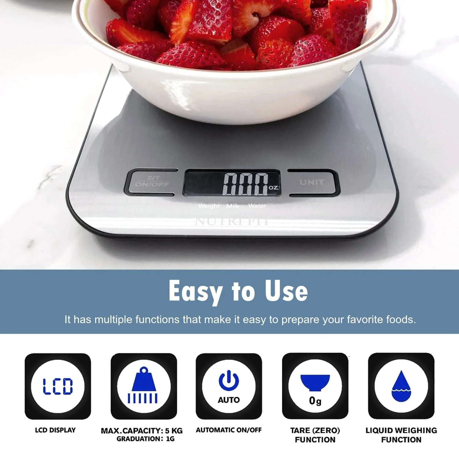 Кухонні ваги електронні NUTRI FIT ультратонкі, нержавіюча сталь, 5 kg / 11 lb, LCD дисплей, фото №9