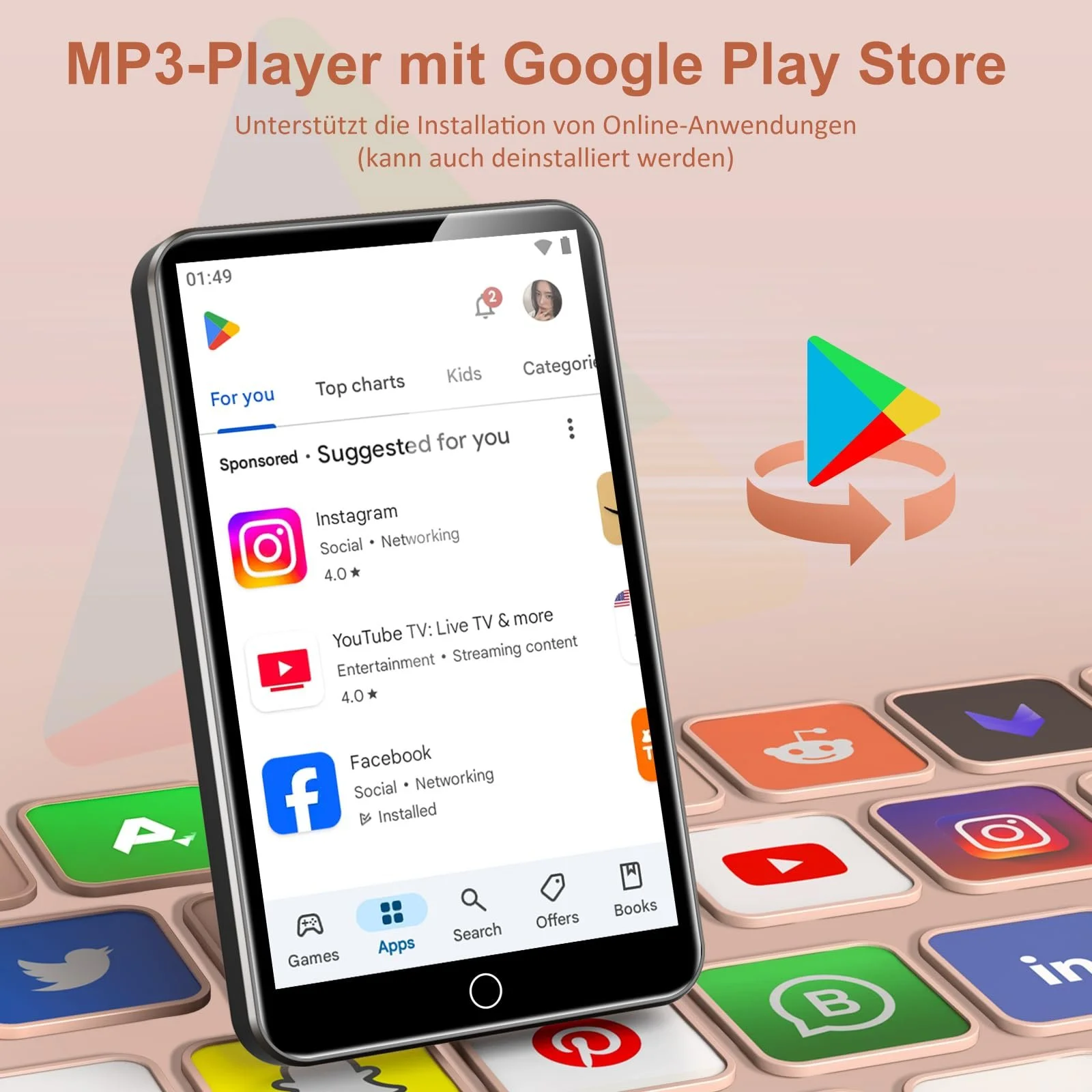 MP3-плеер ZAQE 80 ГБ WiFi и Bluetooth, 4-дюймовый сенсорный экран, Черный, фото №6