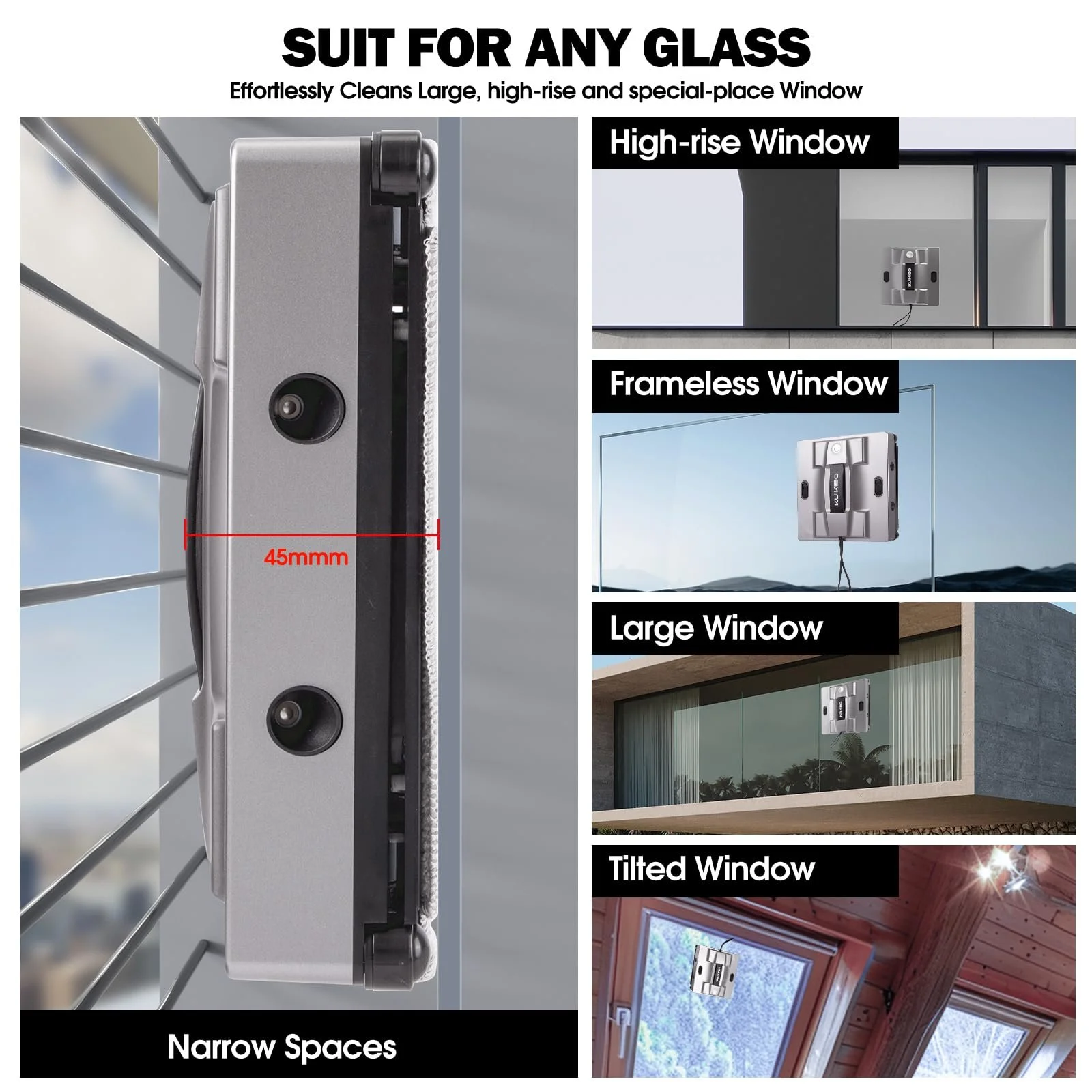 Робот для миття вікон KUIKIBO K2 з функцією розпилення, 6000Pa, тихий, з 4 змінними серветками, підходить для рамного/безрамного скла, фото №3