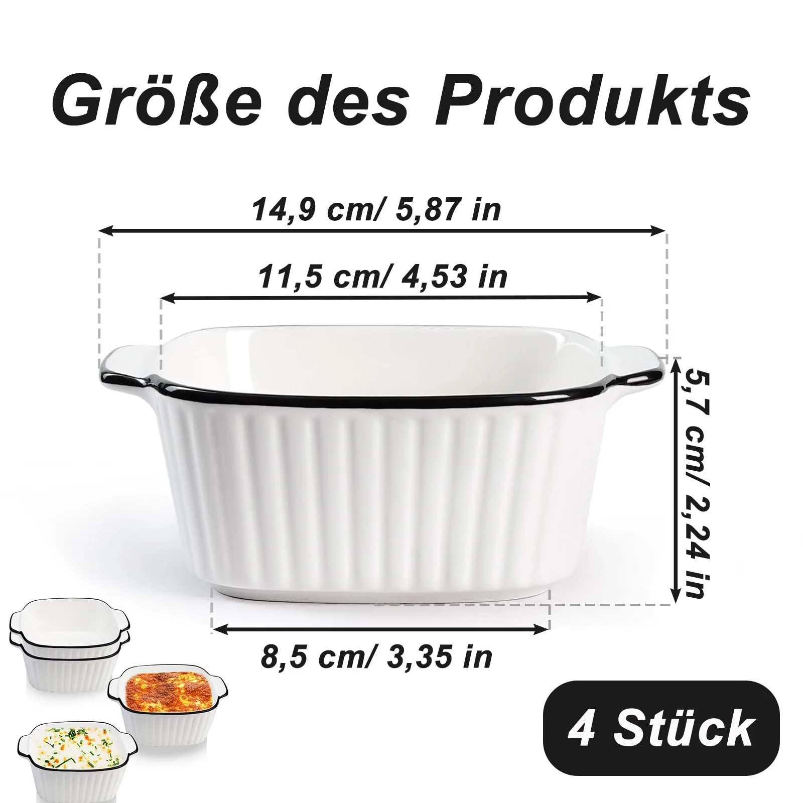 Набор из 4 керамических форм для запекания 400 мл с ручками 14.9 x 11.5 x 5.7 см квадратные для духовки и СВЧ, фото №2