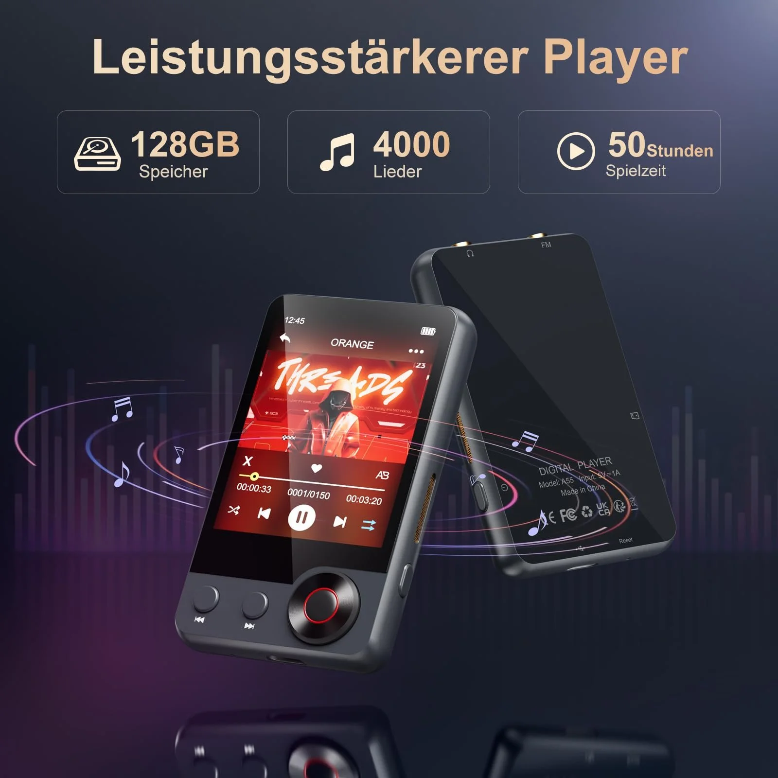 MP3-плеер Oilsky A55 128GB Bluetooth 5.3 с сенсорным экраном 2,4 дюйма, динамиком, FM-радио, записью голоса и наушниками, фото №4