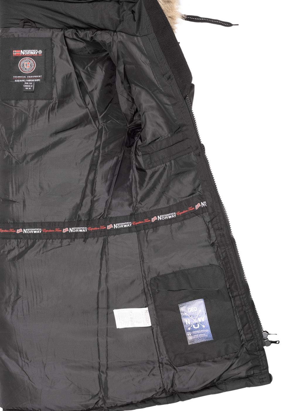 Женская зимняя парка Geographical Norway с капюшоном, искусственным мехом, съемными штормовыми манжетами и нашивками, темно-синяя, фото №5