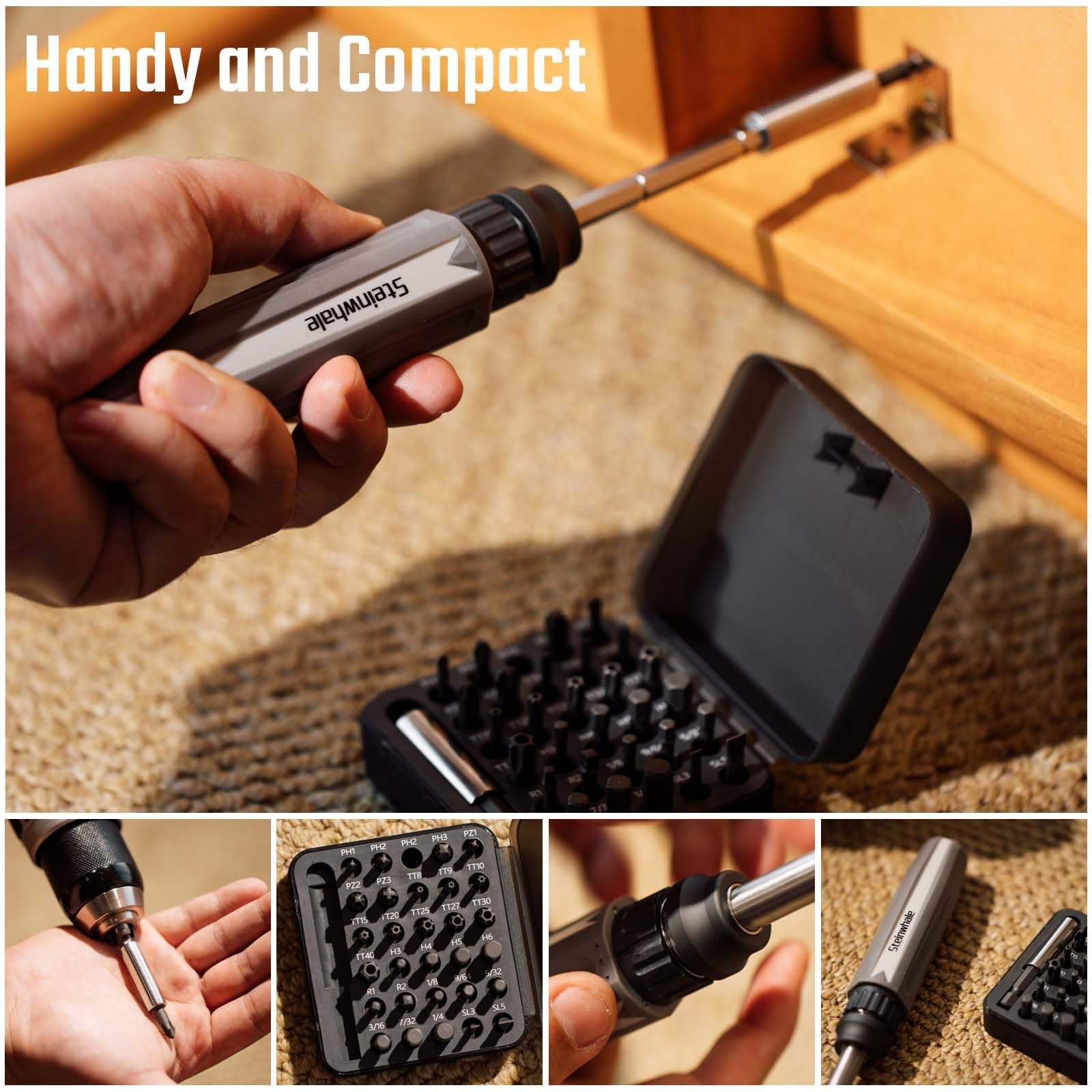 Комплект викруток Steinwhale 32 в 1 Ratchet з штовхаючою викидною розширювальною штангою, тріскачкою на 48 зубців, нековзкою м'якою рукояткою, магнітотримачем для біт, 30 шт. біт з S2 сталі, фото №2