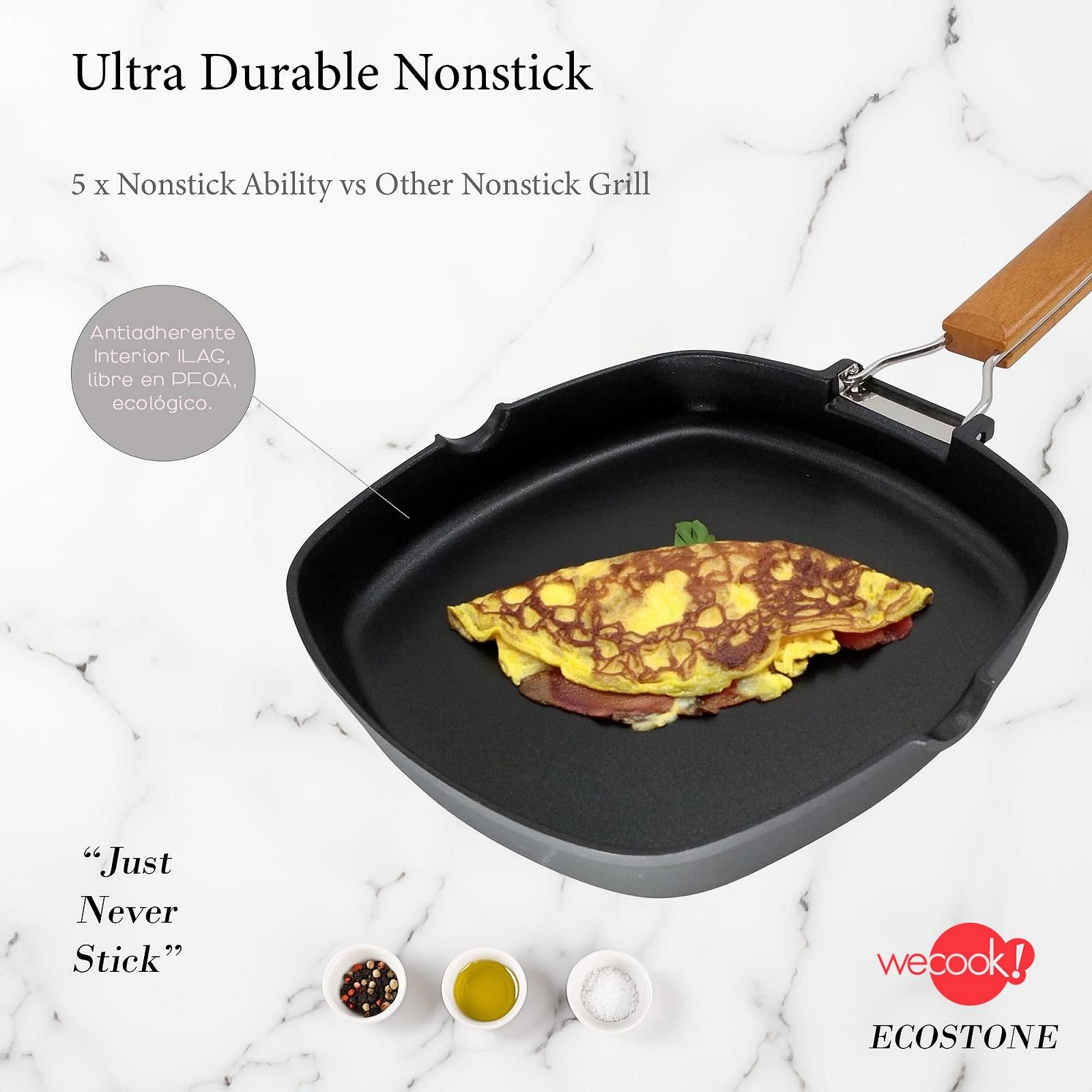Сковорода-гриль WECOOK! Ecostone Индукционная гладкая, 20 x 20 см, антипригарное покрытие ILAG Ecological PFOA-Free, литой алюминий, толщина 5 мм, складная деревянная ручка, Vitroceramic, газ, фото №2