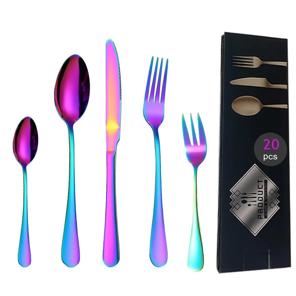 Кольорові столові прибори Sulypo rainbow 20 штук, можна мити в посудомийній машині без плям, на 4 персони, фото №1