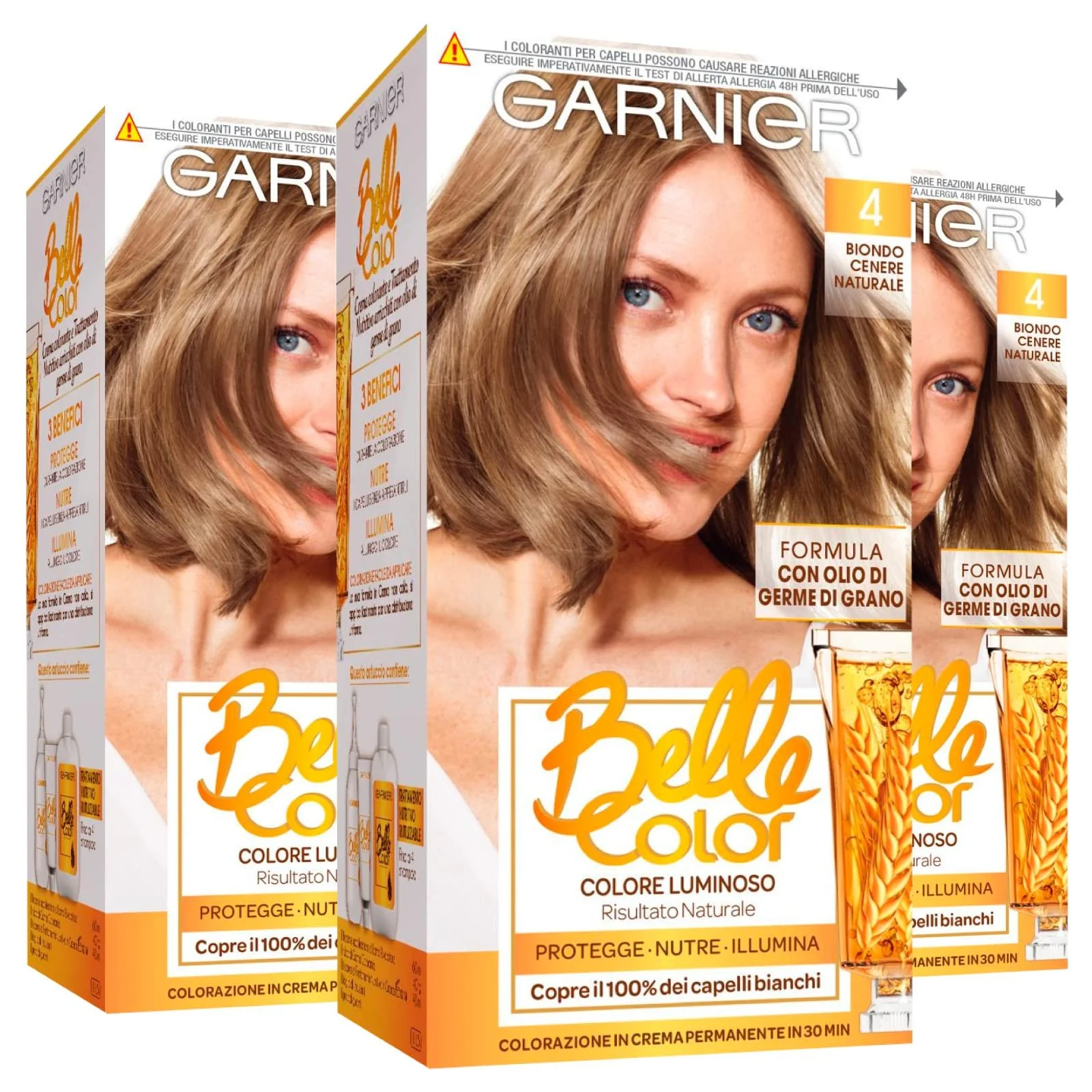 Фарба для волосся Garnier Belle Color Стійка Живильна Освітлююча Натуральний результат з олією зародків пшениці Відтінок 4 Попелястий Натуральний блонд - 3 упаковки, фото №1 Фарба для волосся Garnier Belle Color Стійка Живильна Освітлююча Натуральний результат з олією зародків пшениці Відтінок 4 Попелястий Натуральний блонд - 3 упаковки, фото №1