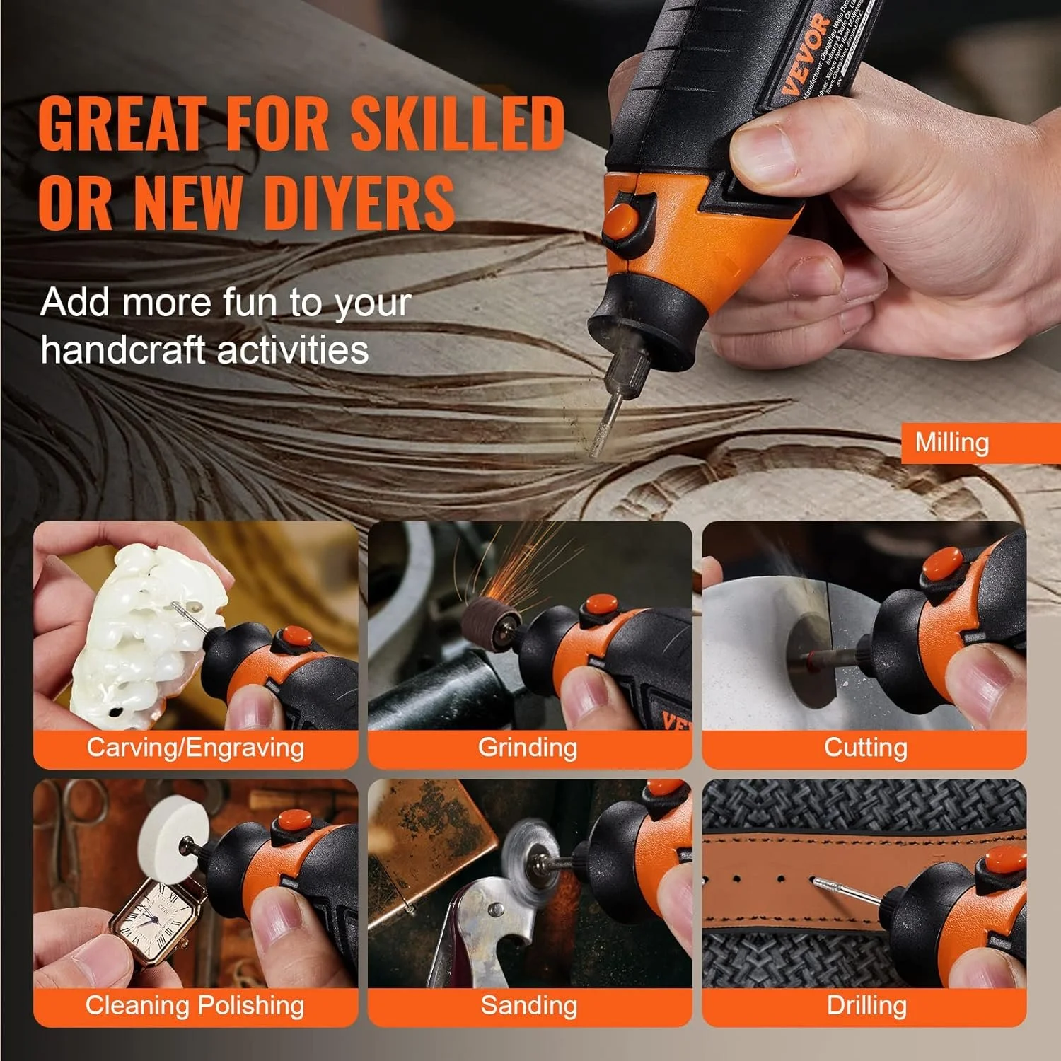 Электро шлифовальная машина VEVOR DM-160C с аксессуарами / 170 Вт / 8.000-35.000 об/мин / Бесщеточный / Оранжево-черный, фото №3 Электро шлифовальная машина VEVOR DM-160C с аксессуарами / 170 Вт / 8.000-35.000 об/мин / Бесщеточный / Оранжево-черный, фото №3
