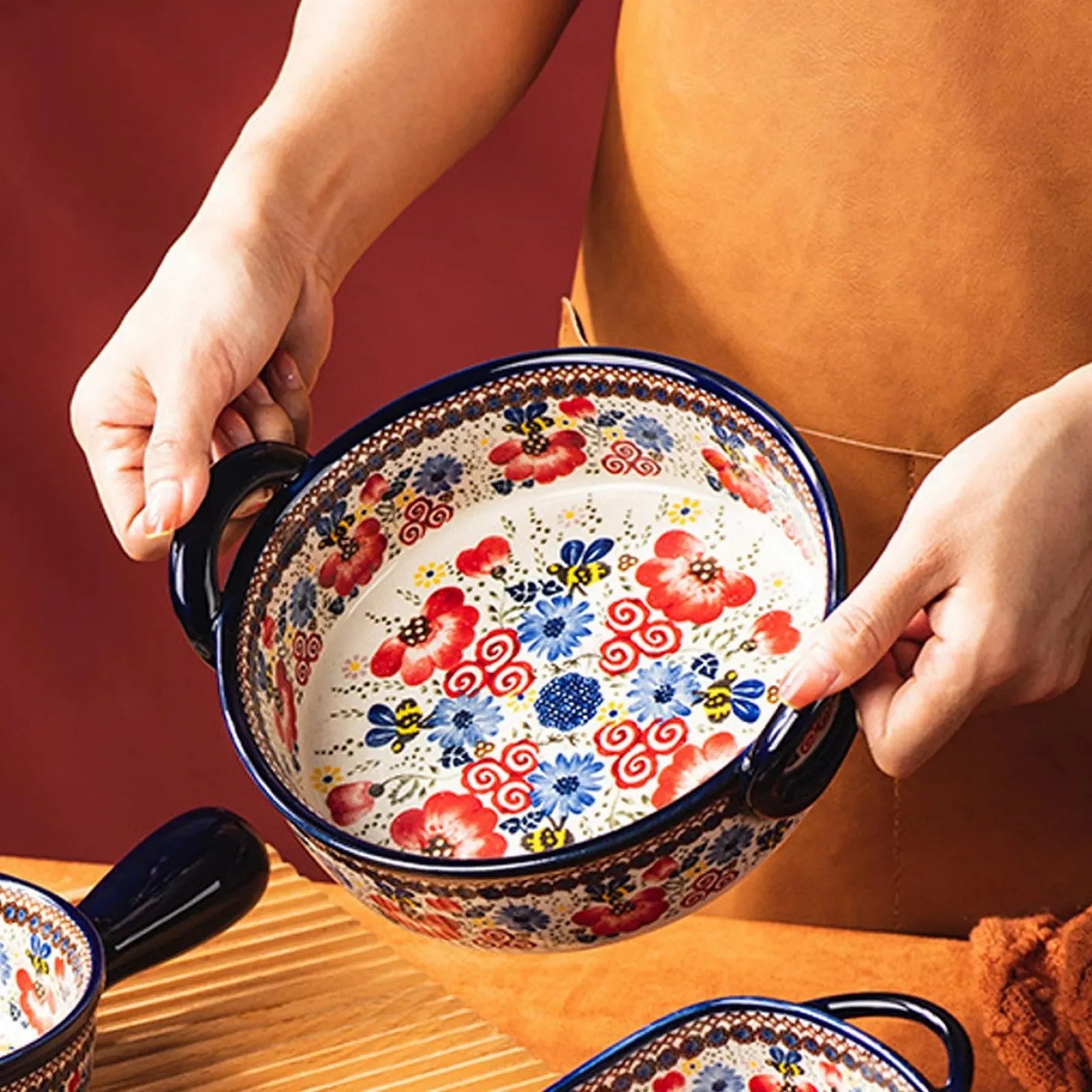 Форма для запекания 950 мл круглая керамическая термостойкая с ручками цветочный принт, фото №4