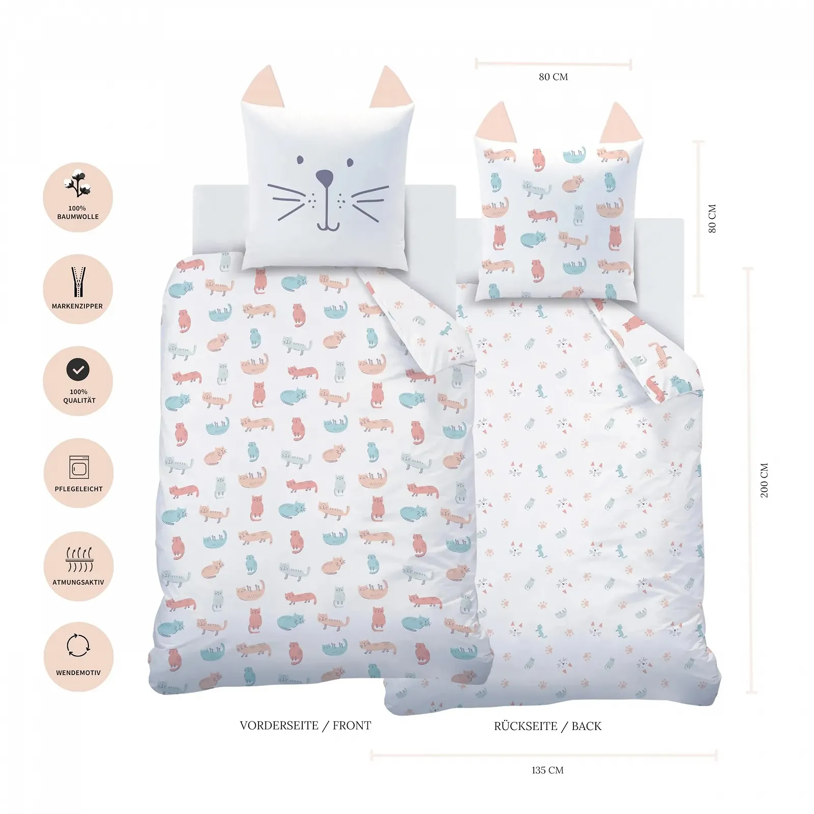 Комплект детского постельного белья MTOnlinehandel 135 x 200 см + 80 x 80 см, 100% хлопок, принт Cute Cat Meau, на молнии Кот, фото №1