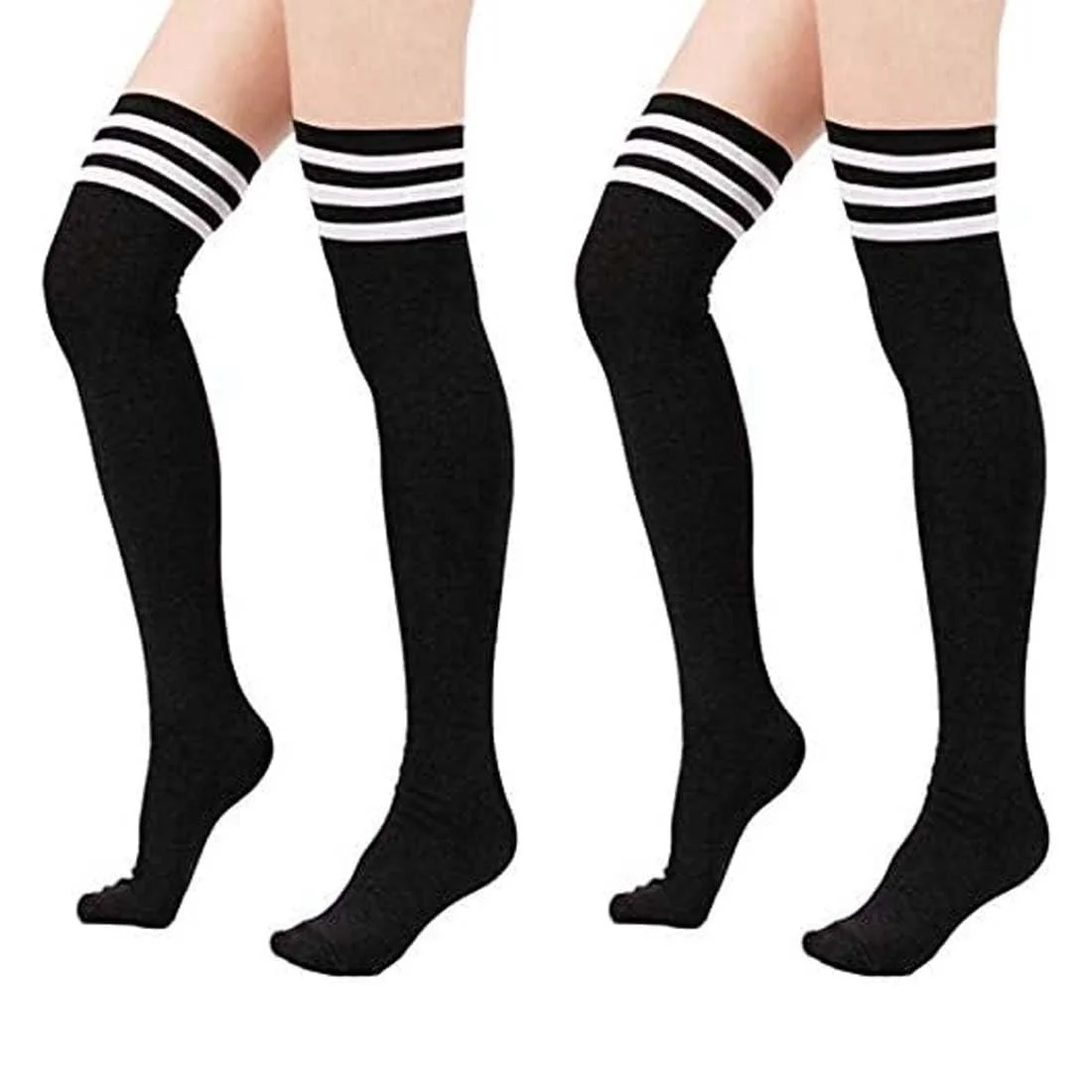 Високі шкарпетки вище коліна жіночі - Чорно-білі смугасті 2 пари, фото №1 Високі шкарпетки вище коліна жіночі - Чорно-білі смугасті 2 пари, фото №1