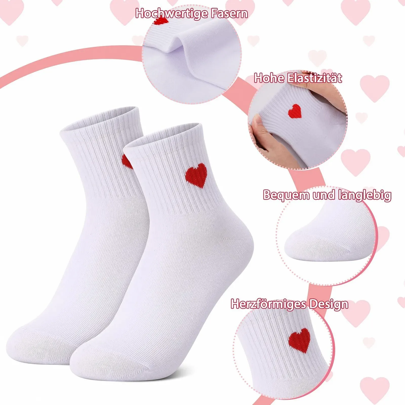 Женские носки с красным сердцем, теннисные носки с сердечками, размер 36-40, спортивные носки из хлопка, стильные носки, носки с рисунком, спортивные носки (6 пар), фото №3