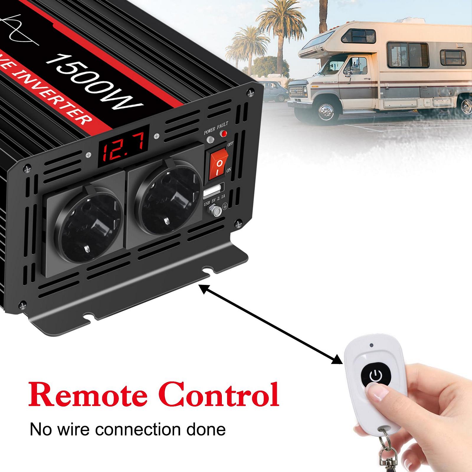 Інвертор JIGUUN Модель 1500 W чистої синусоїди 12 V 230 V 2 євророзетки 2.1 A USB бездротовий Пульт ДУ LED-дисплей 3000 W, фото №6