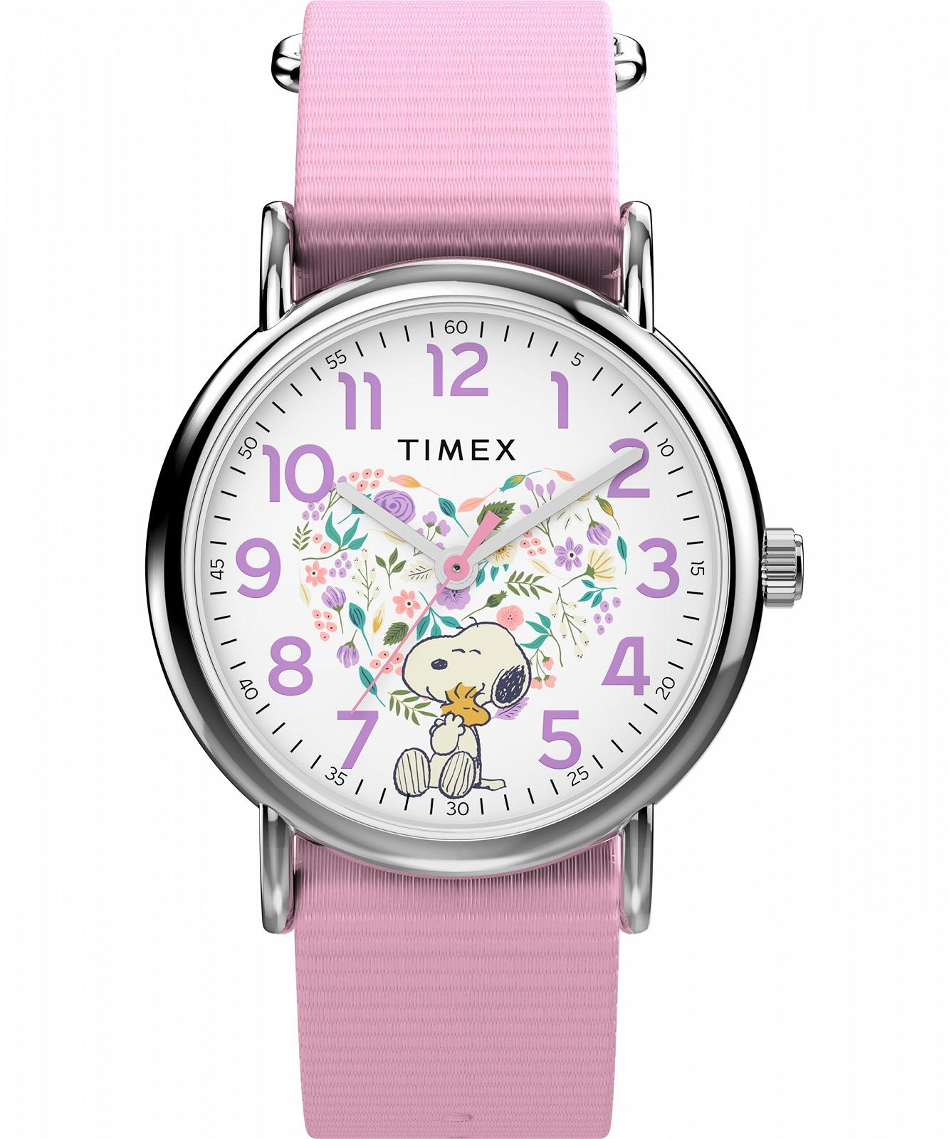 Женские часы Timex Peanuts 38 мм Розовый Тканевый Ремешок Белый Циферблат Серебряный Корпус TW2Y30900, фото №1