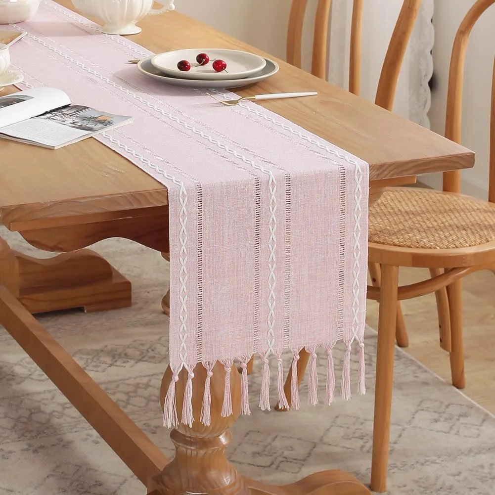 Ранер для столу meioro Rustic Boho Braided Striped Linen Polyester 33 x 200 см Рожевий, фото №3