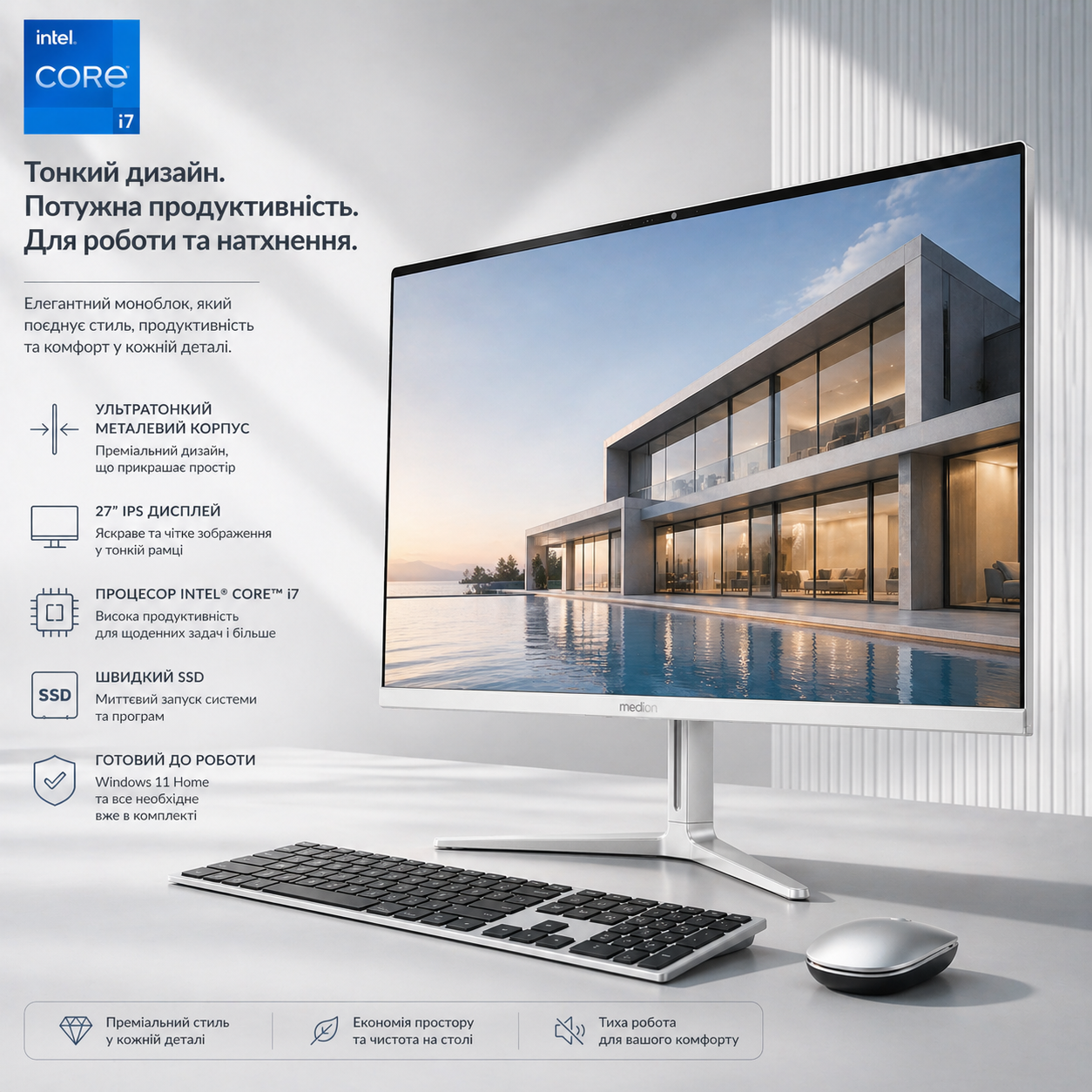 Моноблок 27" Medion (Lenovo Group) Akoya E27419 | 14-ядерний Intel Core i7-13700H | IPS (1920x1080) FullHD | RAM 16 ГБ | SSD NVME 1 ТБ | Intel Graphics | Wi-Fi 6E | Bluetooth 5.2 | Тонкий металевий корпус | Win11 (5168), фото №1