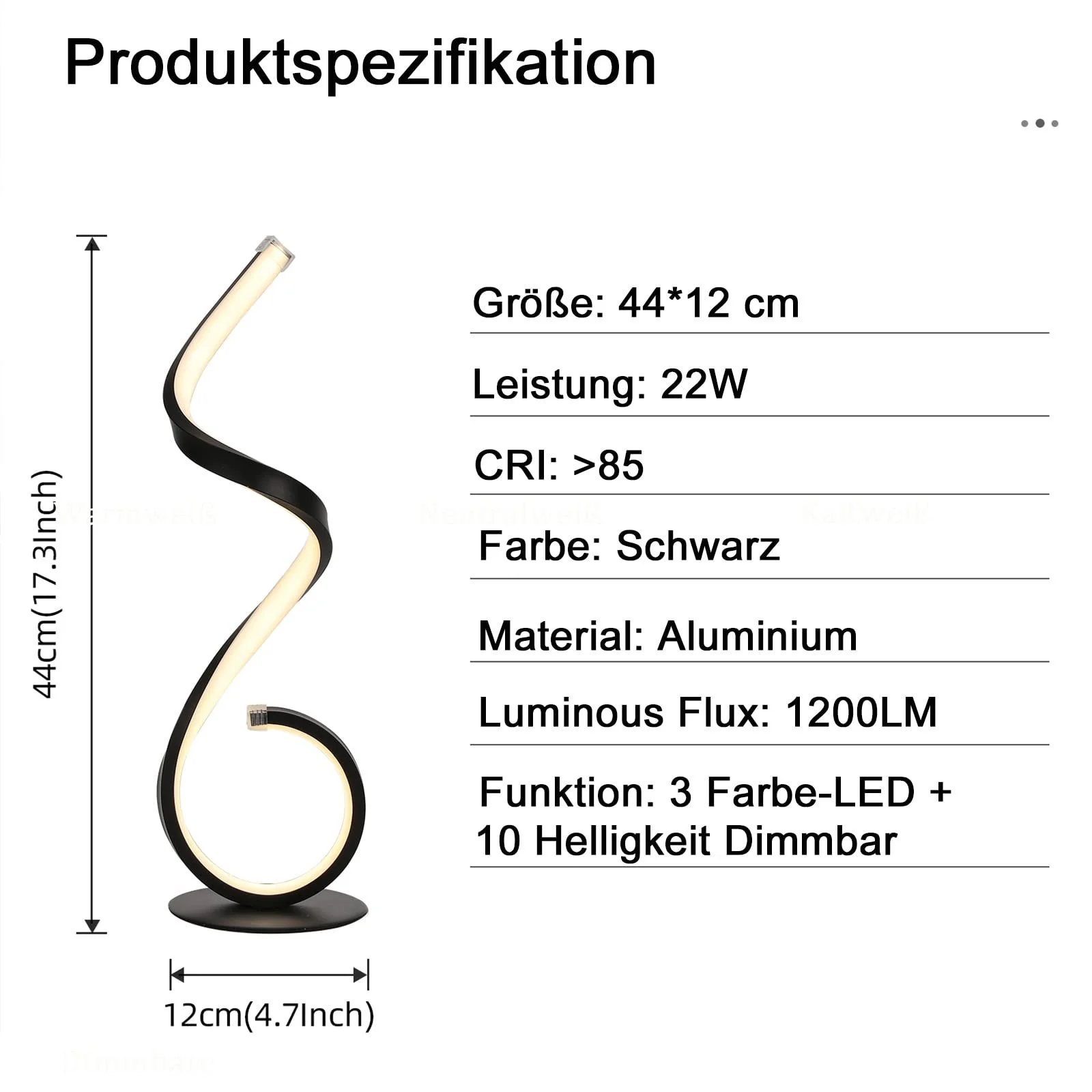 Настольная лампа LED спиральный дизайн, 22 Ватт, с регулировкой яркости, 3 режима цвета, 10 уровней яркости, черная, фото №3