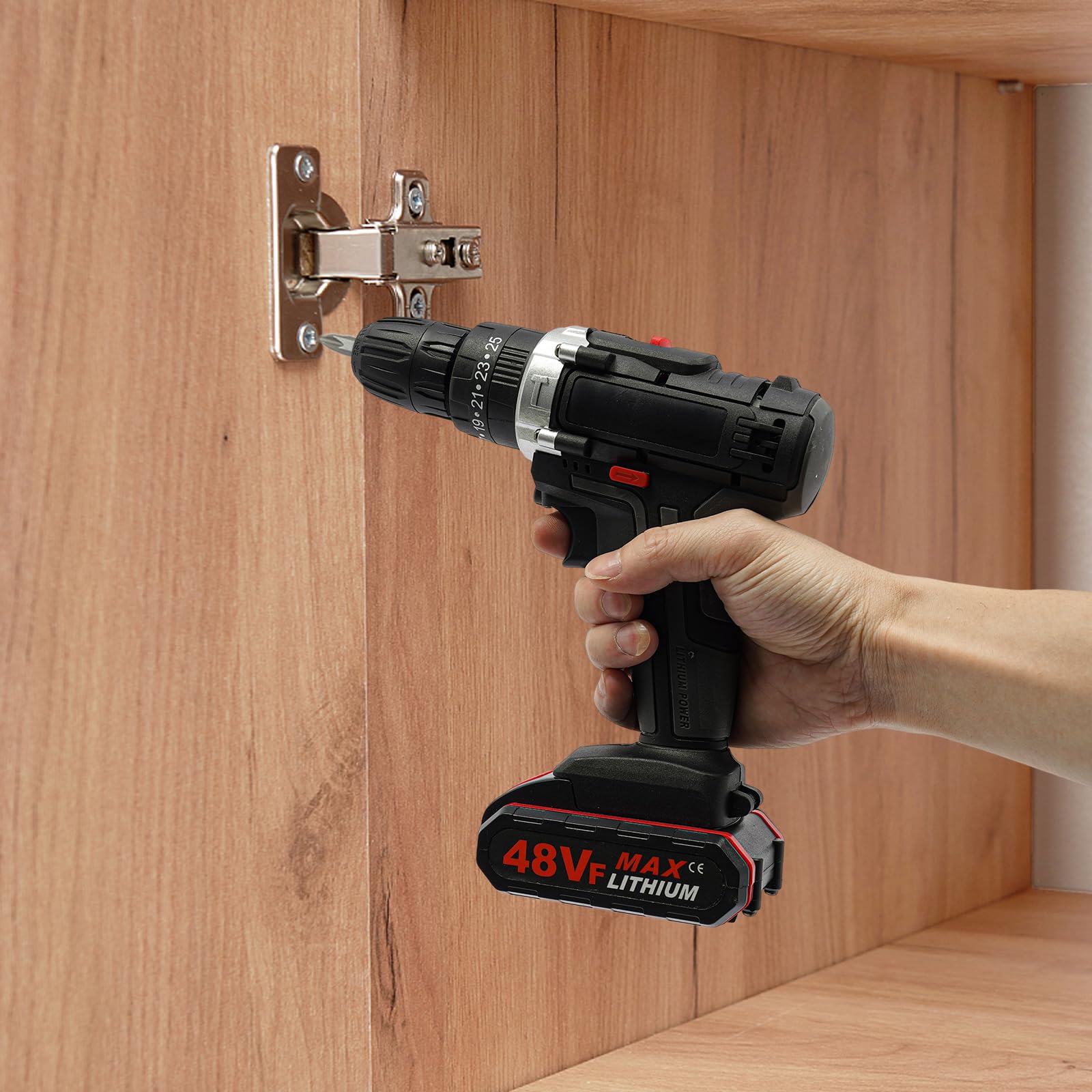 Аккумуляторная дрель 21 В Набор с 2 батареями Li-Ion 48 VF С зарядным устройством 25 уровней крутящего момента 3 режима, фото №2