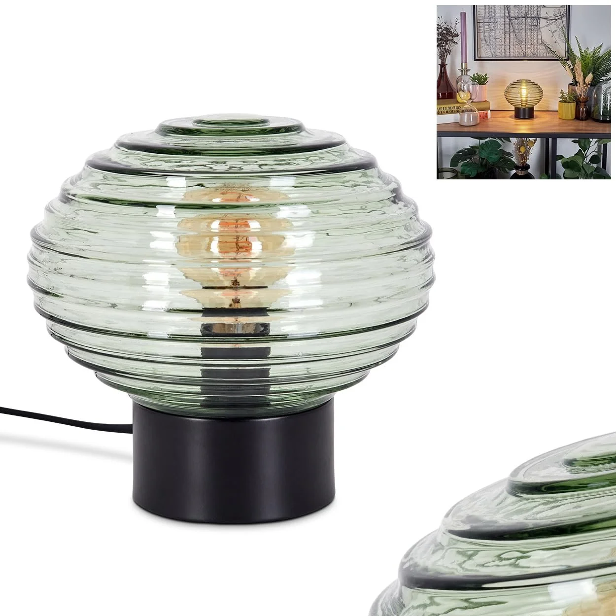 Настільна лампа Gualtar метал/скло Ø15,5 см 1 x E14 чорна/зелена, фото №1