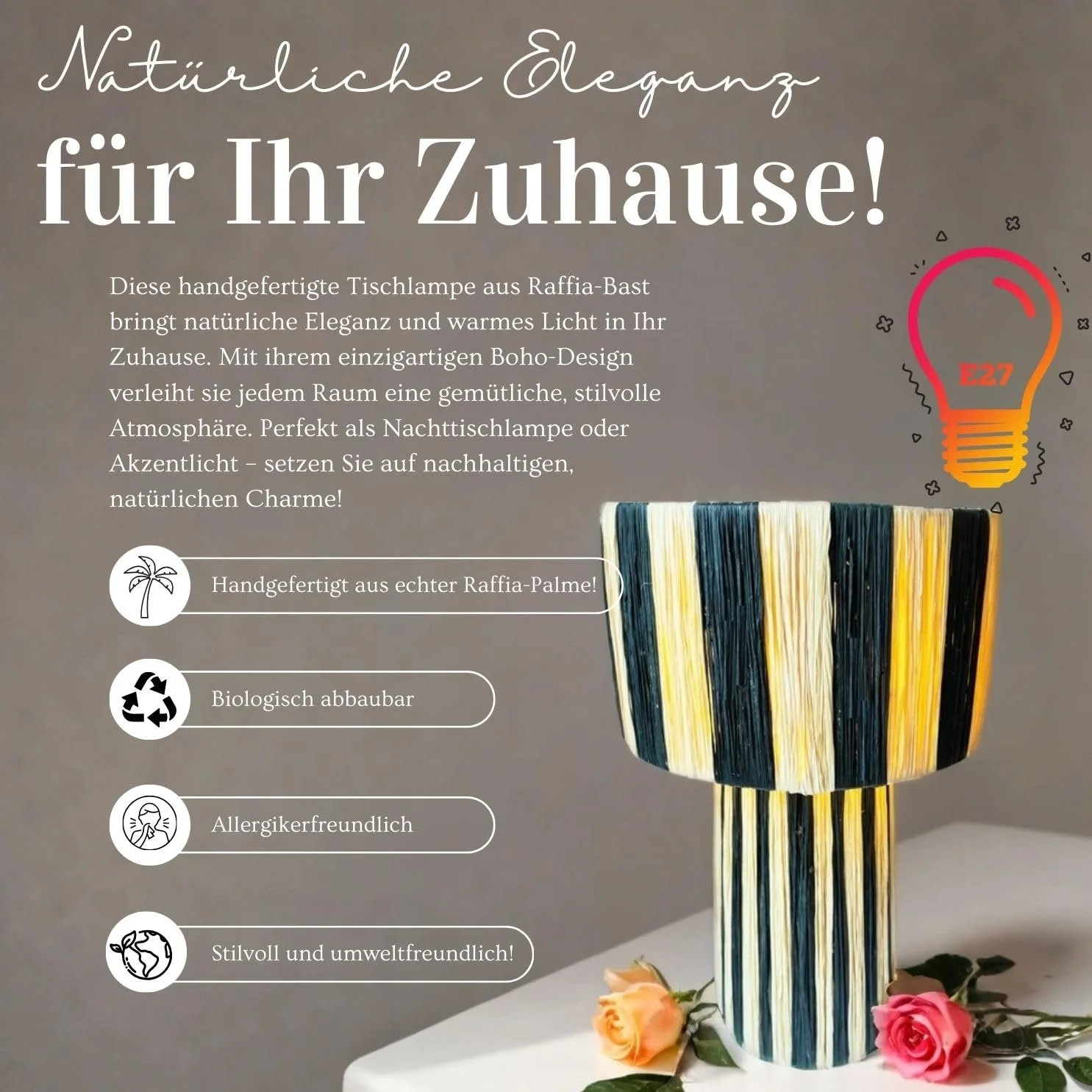 Настільна лампа Marrakech Morjana 42 см Рафія Бохо E27 Бежево-чорна, фото №4