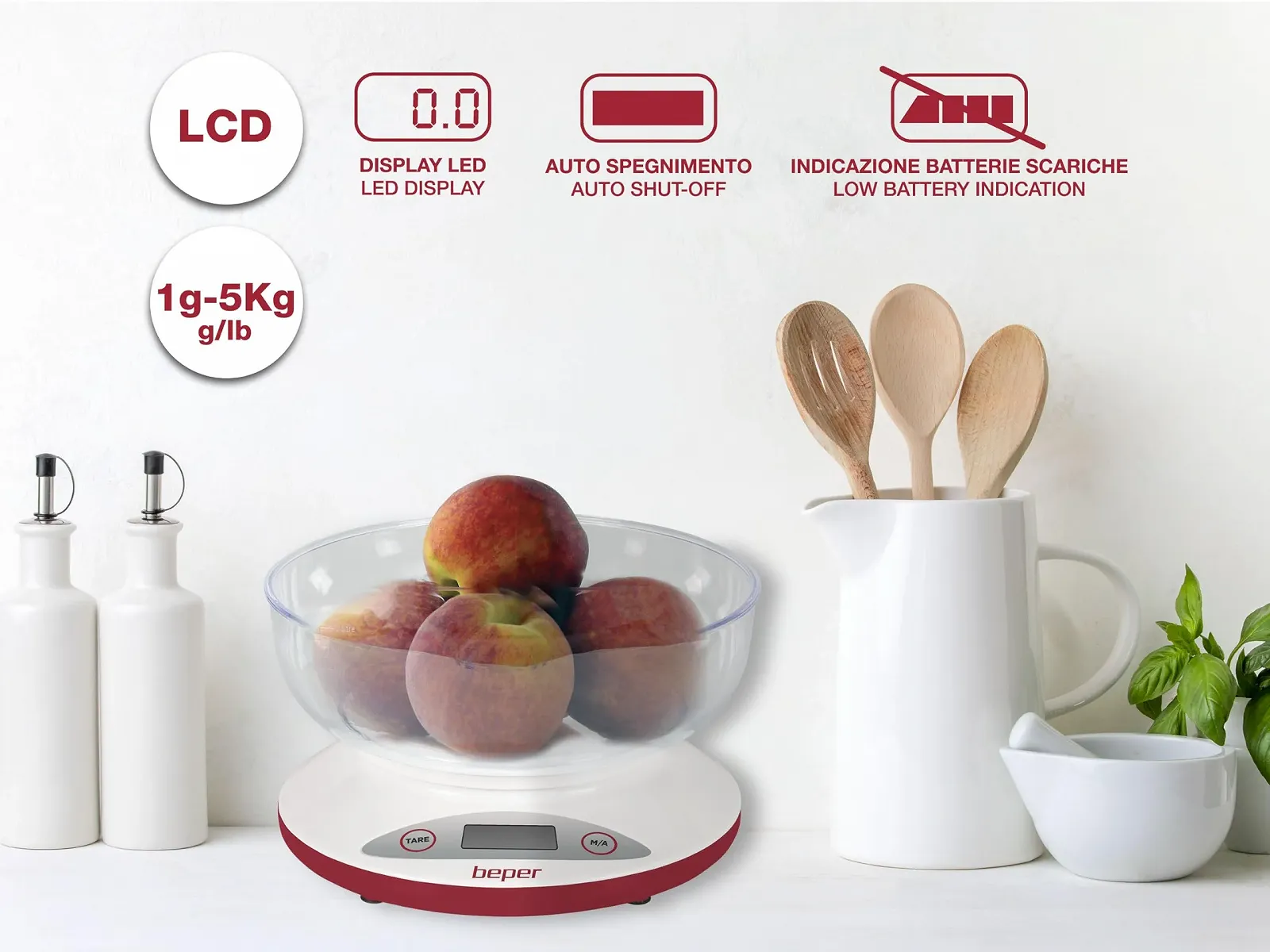 Кухонні ваги BEPER BP.802 Цифрові з чашею 5 kg LCD White/Red, фото №6 Кухонні ваги BEPER BP.802 Цифрові з чашею 5 kg LCD White/Red, фото №6