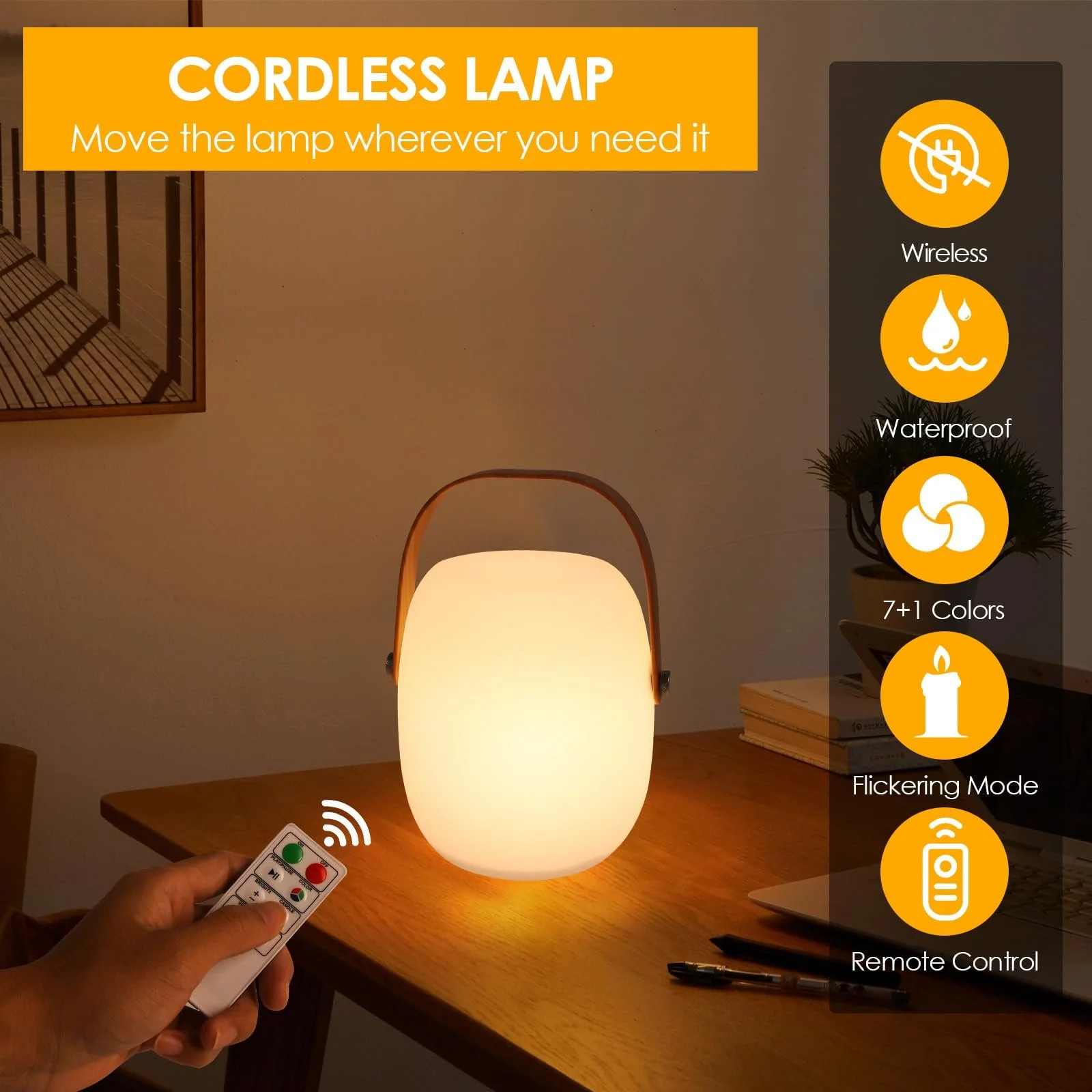 Настільна лампа ZWOOS LED акумуляторна бездротова RGB з ефектом свічки IP54 з пультом ДК, фото №2