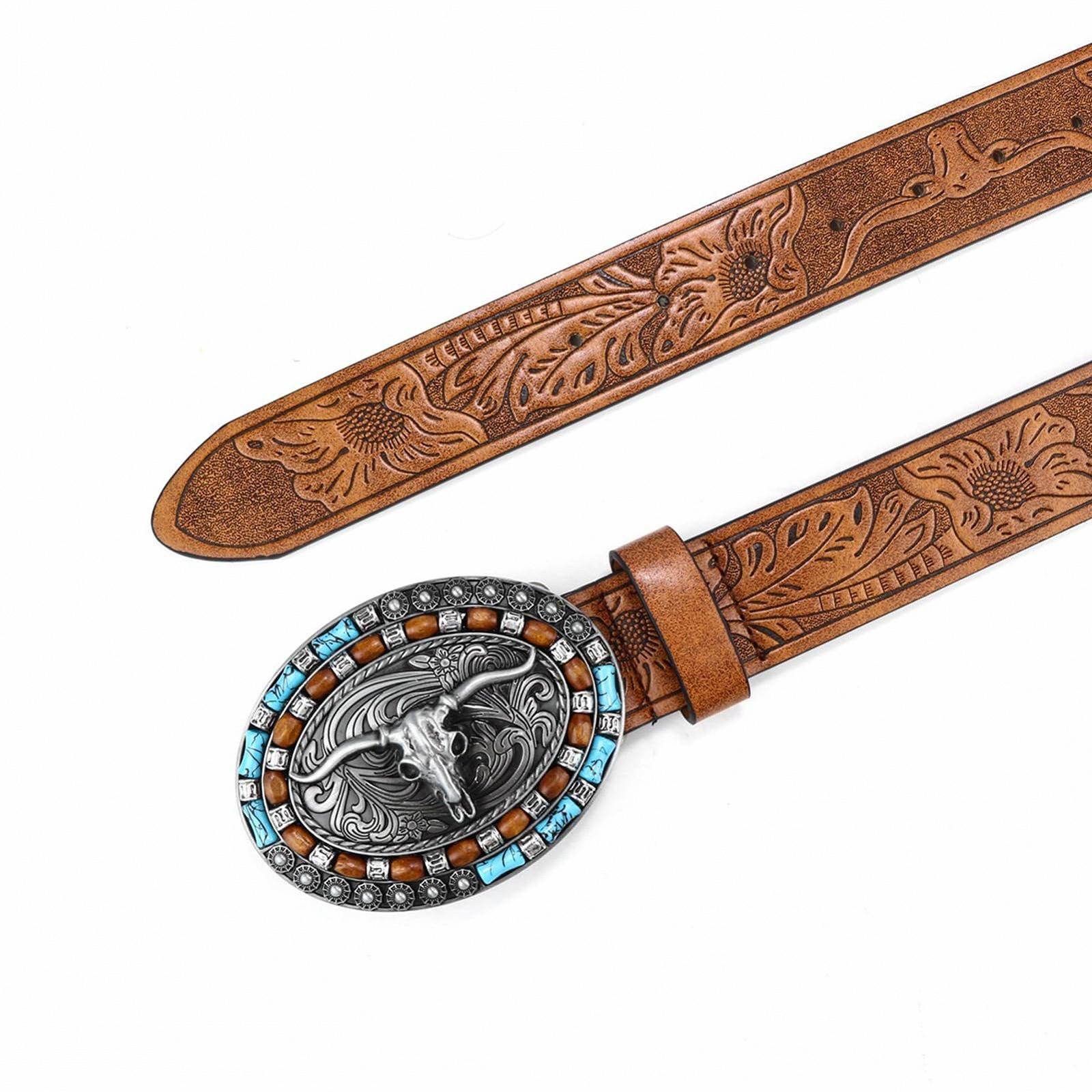 Шкіряний ремінь AGUTALITHIC з тисненням Longhorn Stier Blumengravur, срібляста бичача пряжка, 115 см, фото №5