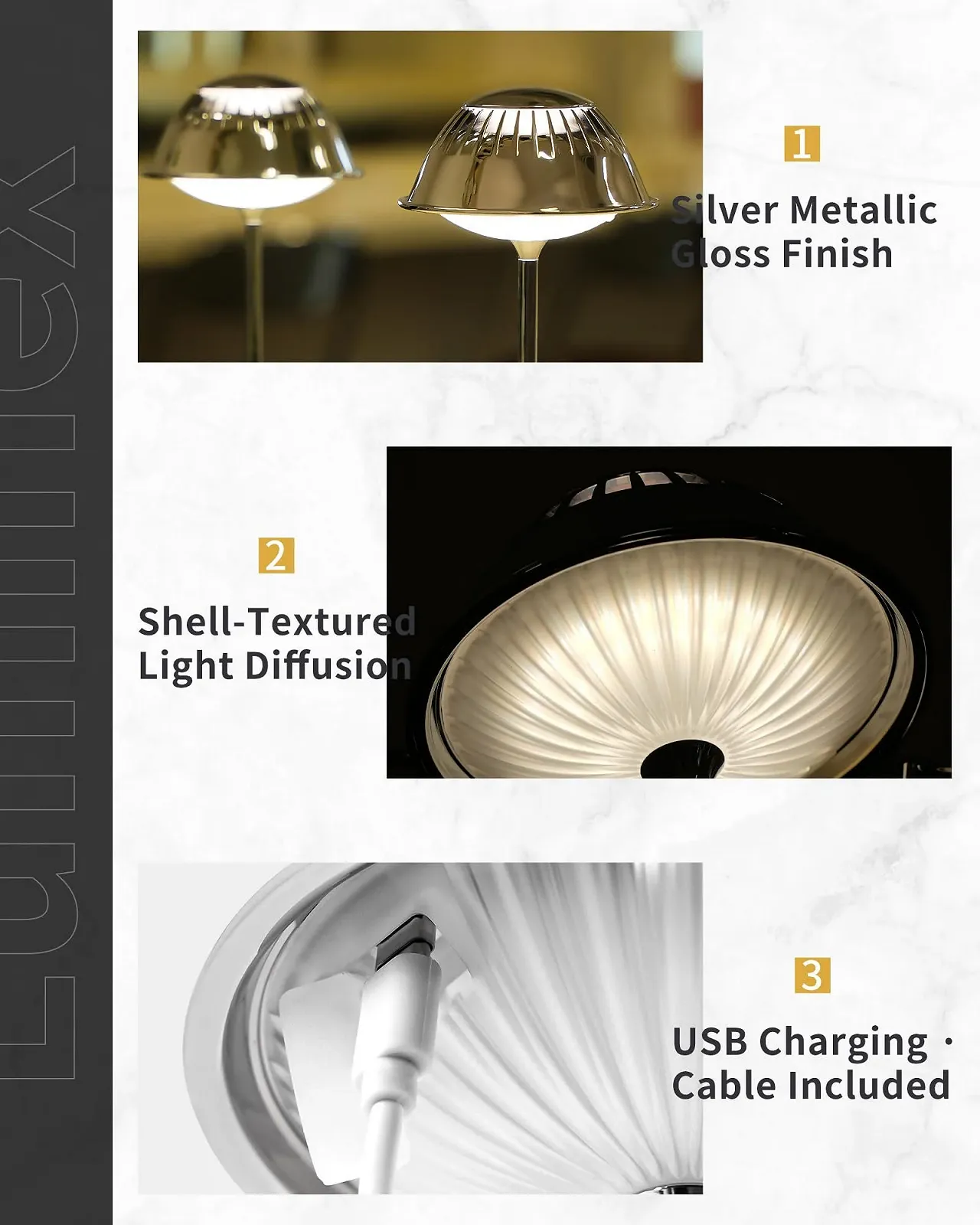 Настільна лампа LED бездротова сенсорна регульована яскравість водонепроникна акумуляторна Сріблястий хром, фото №3