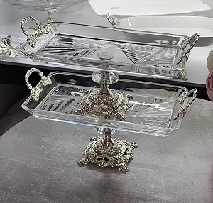 Стеклянное блюдо на серебряной ножке 17х28 см, тортовница с ручками - Фото 1