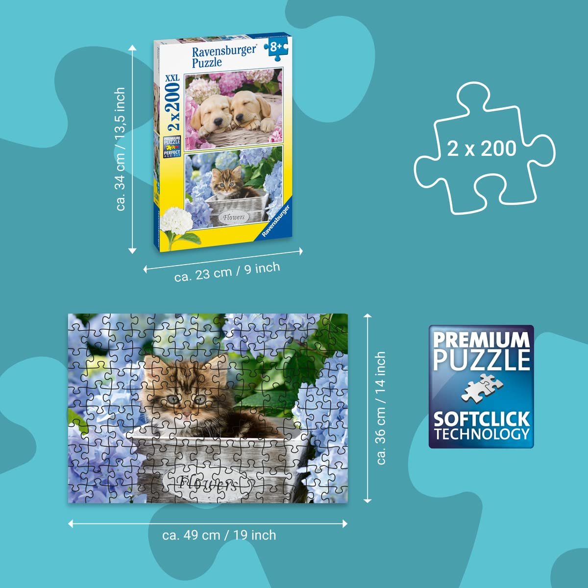Пазл Ravensburger 80568 Собаки и котята 2 x 200 элементов, фото №4