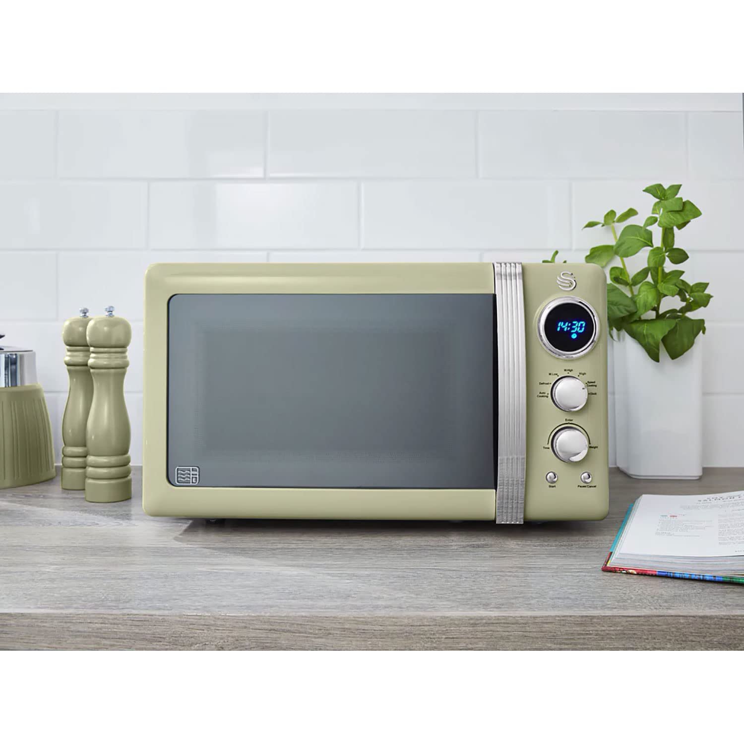 Цифровая микроволновая печь Swan Retro SM22030GNEU 20 л 5 уровней мощности таймер 60 минут поворотный стол 27 см 800 Вт Зеленая, фото №2 Цифровая микроволновая печь Swan Retro SM22030GNEU 20 л 5 уровней мощности таймер 60 минут поворотный стол 27 см 800 Вт Зеленая, фото №2