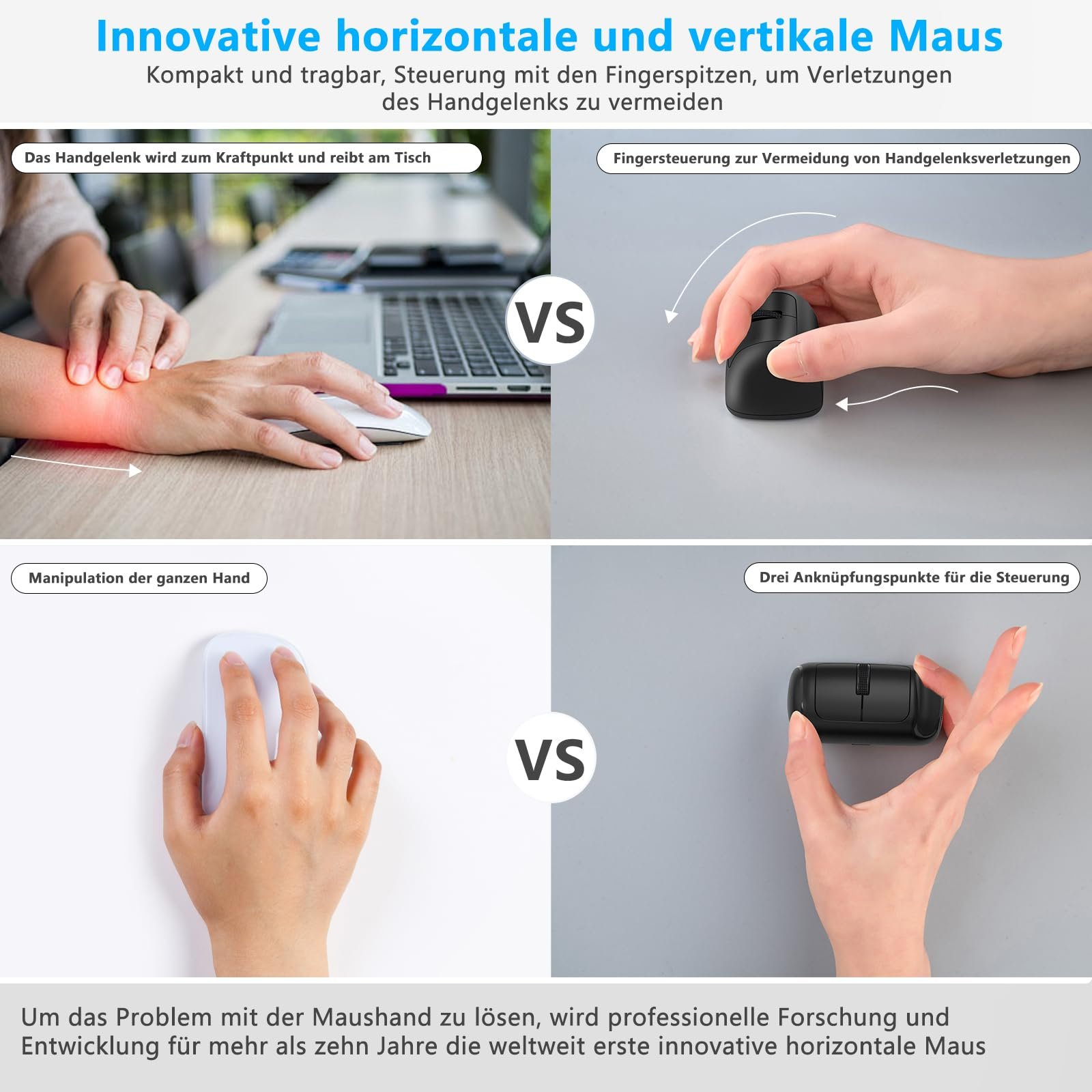 Мышь Bluetooth Horizontal, беспроводная перезаряжаемая (Dual Mode: BT 5.0 + 2.4G) 3200DPI Adjustable, тихая эргономичная для ноутбука, ПК, компьютера / Windows / Mac OS /, фото №3