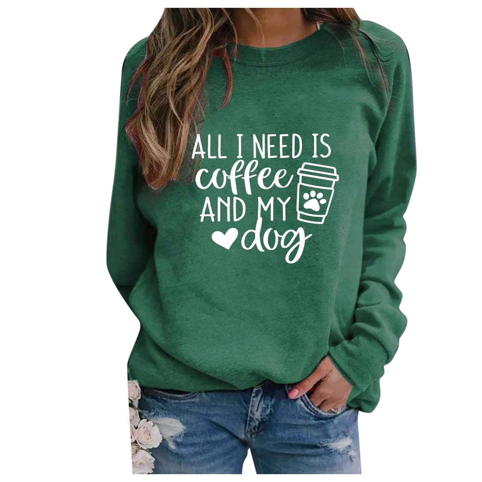 Пуловер Женский Повседневный All I Need Is Coffee and My Dog 2025 Y2K Однотонный Свободный Круглый вырез Тонкий Модный Смешной Подростковый Готический для тренировок, фото №1