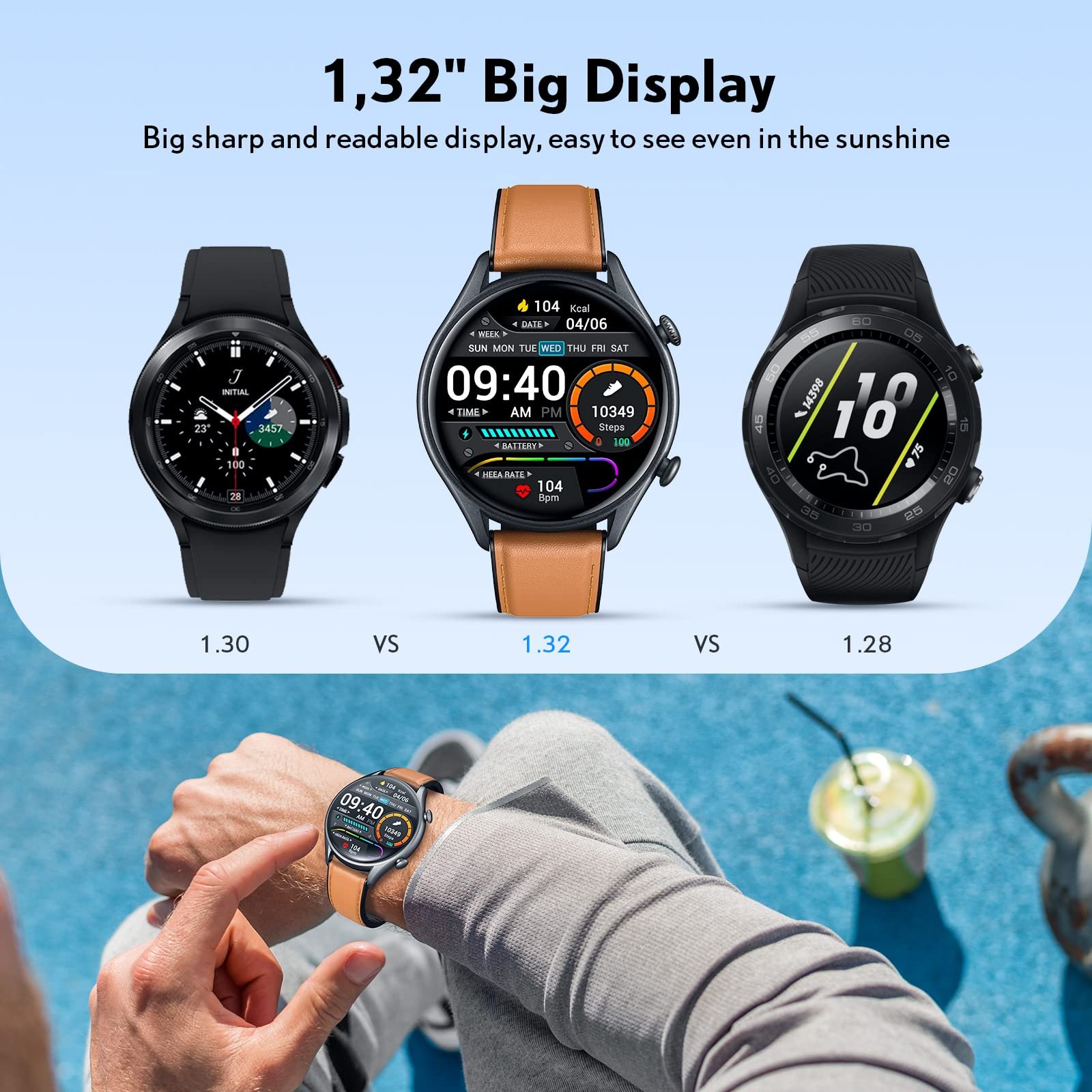 Смарт-часы Motsfit мужские с функцией телефона, фитнес-часы с шагомером, большой дисплей 1,32 дюйма, водонепроницаемый фитнес-трекер, спортивные часы для iOS Android, фото №4