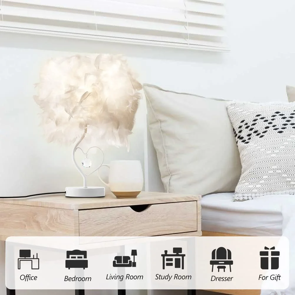 Настільна лампа E27 LED 3000-4000 K пір'яний плафон кришталева підвіска Біла, фото №3