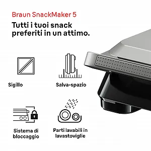 Сэндвичница Braun SnackMaker 5 SM5005 с пластинами для сэндвичей и вафель, 800 Вт, серебристая synthetic.ua - Фото 1