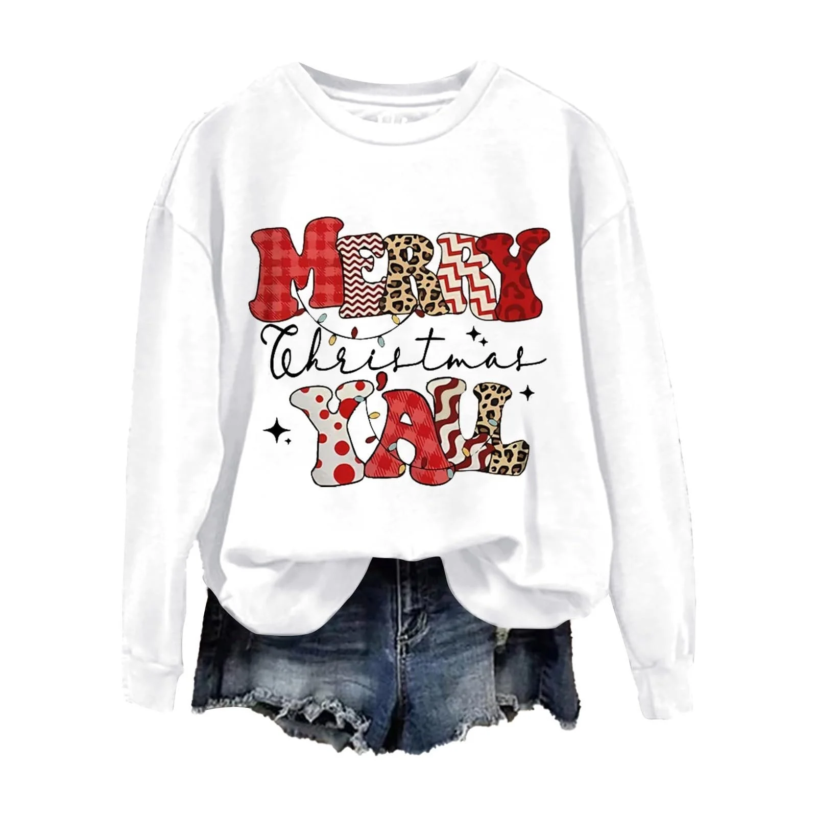 Женская толстовка Свободный крой С принтом Merry Christmas Ya'll Леопардовый принт Длинный рукав Флисовая круглая горловина, фото №1