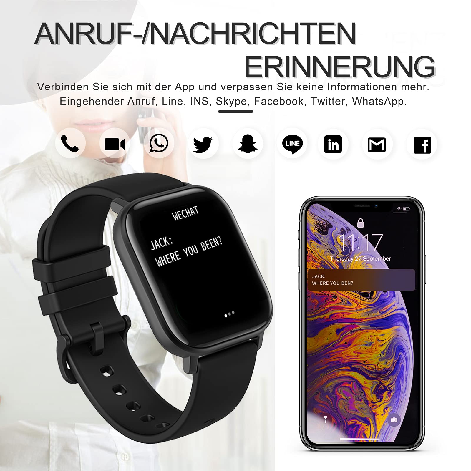 Фітнес браслет findtime Smartwatch з вимірюванням артеріального тиску чоловічий фітнес годинник спортивний годинник з крокоміром пульсометром лічильником калорій трекером для Android iOS, фото №4