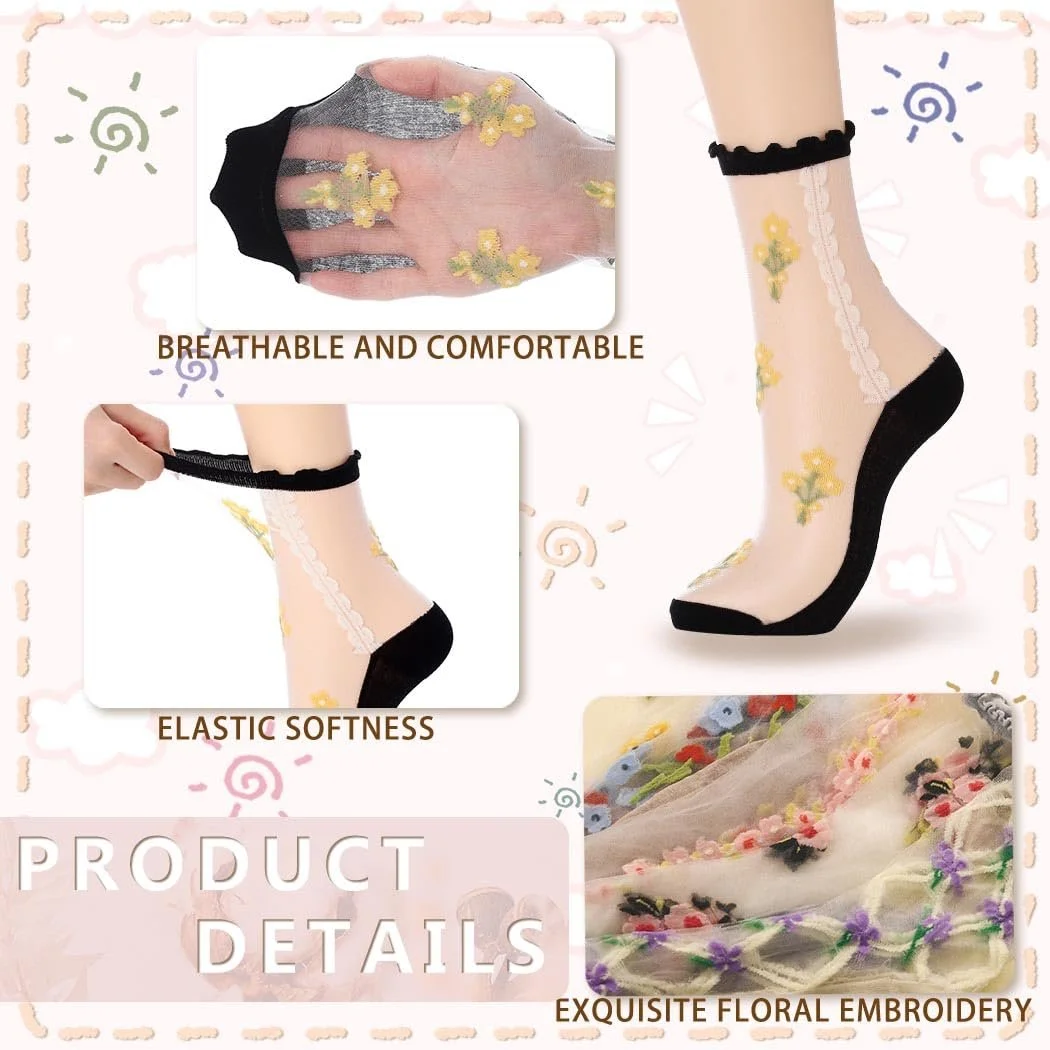 Прозрачные носки IYOU с рюшами, прозрачные носки-лодочки, прозрачные носки с цветком для женщин (5 пар), фото №3 Прозрачные носки IYOU с рюшами, прозрачные носки-лодочки, прозрачные носки с цветком для женщин (5 пар), фото №3