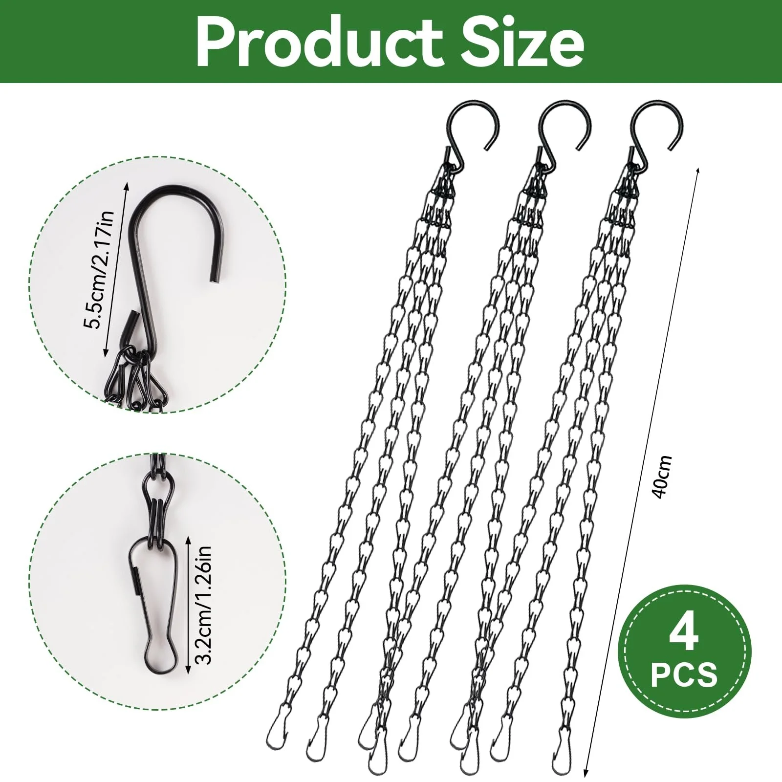 Набір ланцюгів для підвісних кошиків 4 шт. 40 см металеві з S-подібними гачками Чорний, фото №2 Набір ланцюгів для підвісних кошиків 4 шт. 40 см металеві з S-подібними гачками Чорний, фото №2