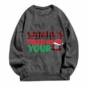 Рождественский свитшот Женский с принтом Санты и шапкой, длинные рукава, круглый вырез горловины, повседневный свободный свитшот с капюшоном для тренировок - Фото 1