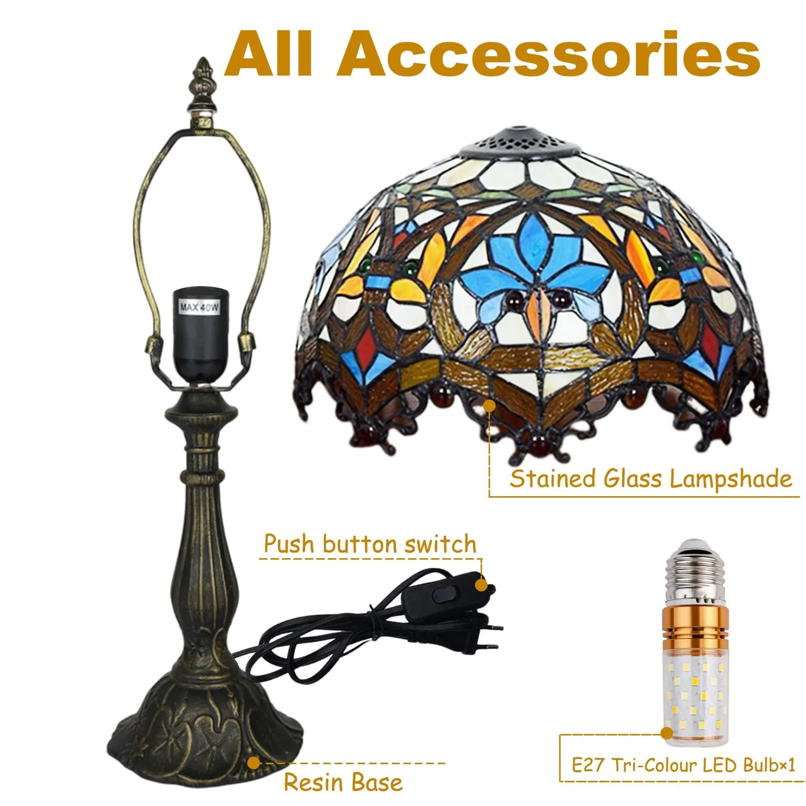 Настільна лампа Kinbolas Tiffany Style Art Nouveau E27 30 см / 12 дюймів, фото №5