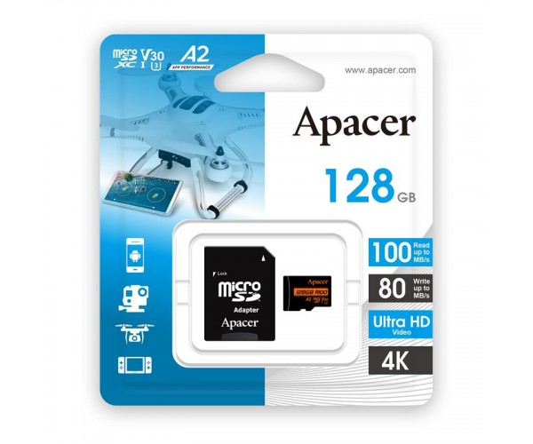Apacer Карта пам'яті microSD 128GB C10 UHS-I U3 A2 R100/W80MB/s SD, фото №2 Apacer Карта пам'яті microSD 128GB C10 UHS-I U3 A2 R100/W80MB/s SD, фото №2