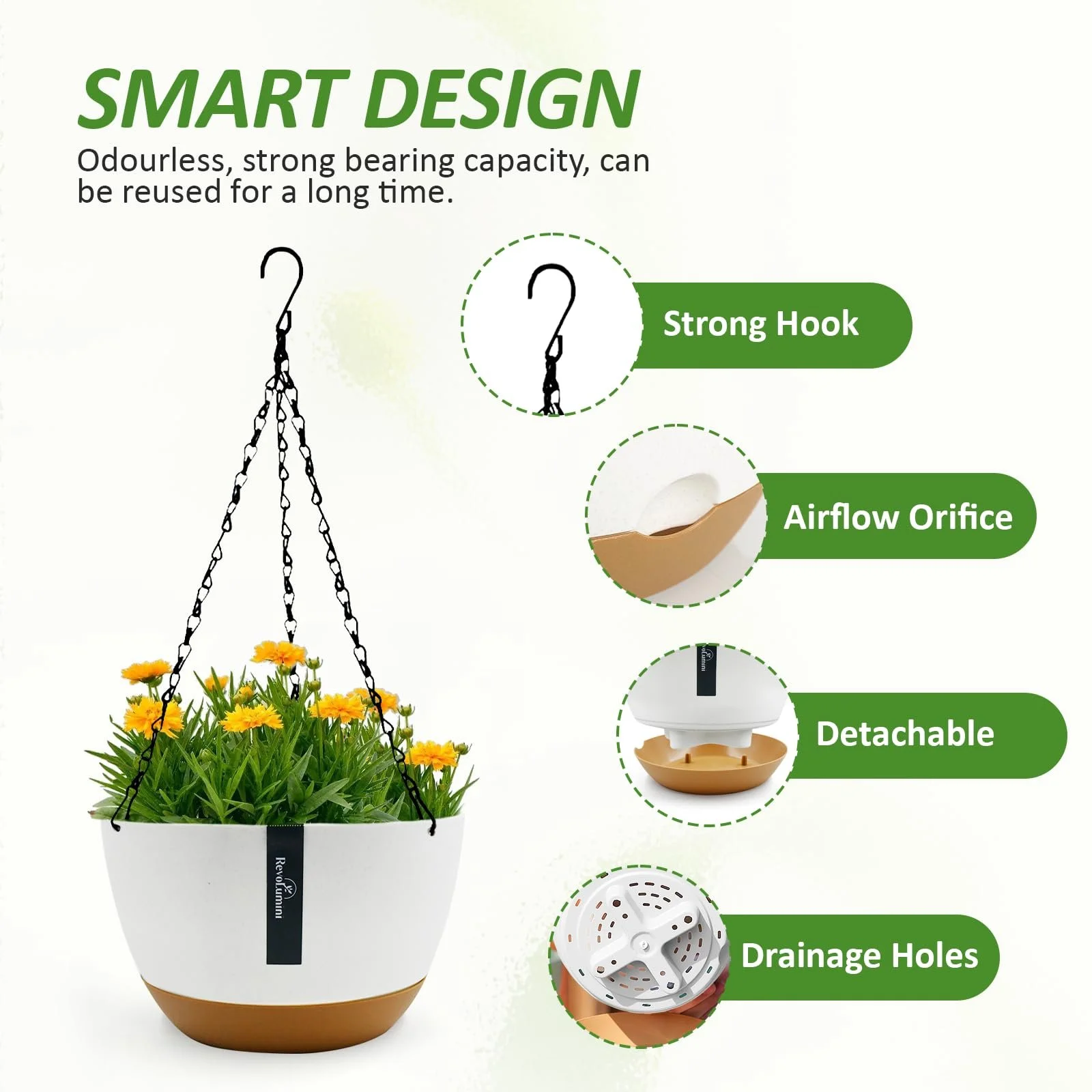 Підвісний квітковий горщик 21 см з ланцюжками, дренажними отворами та піддоном, набір 2 шт., фото №5