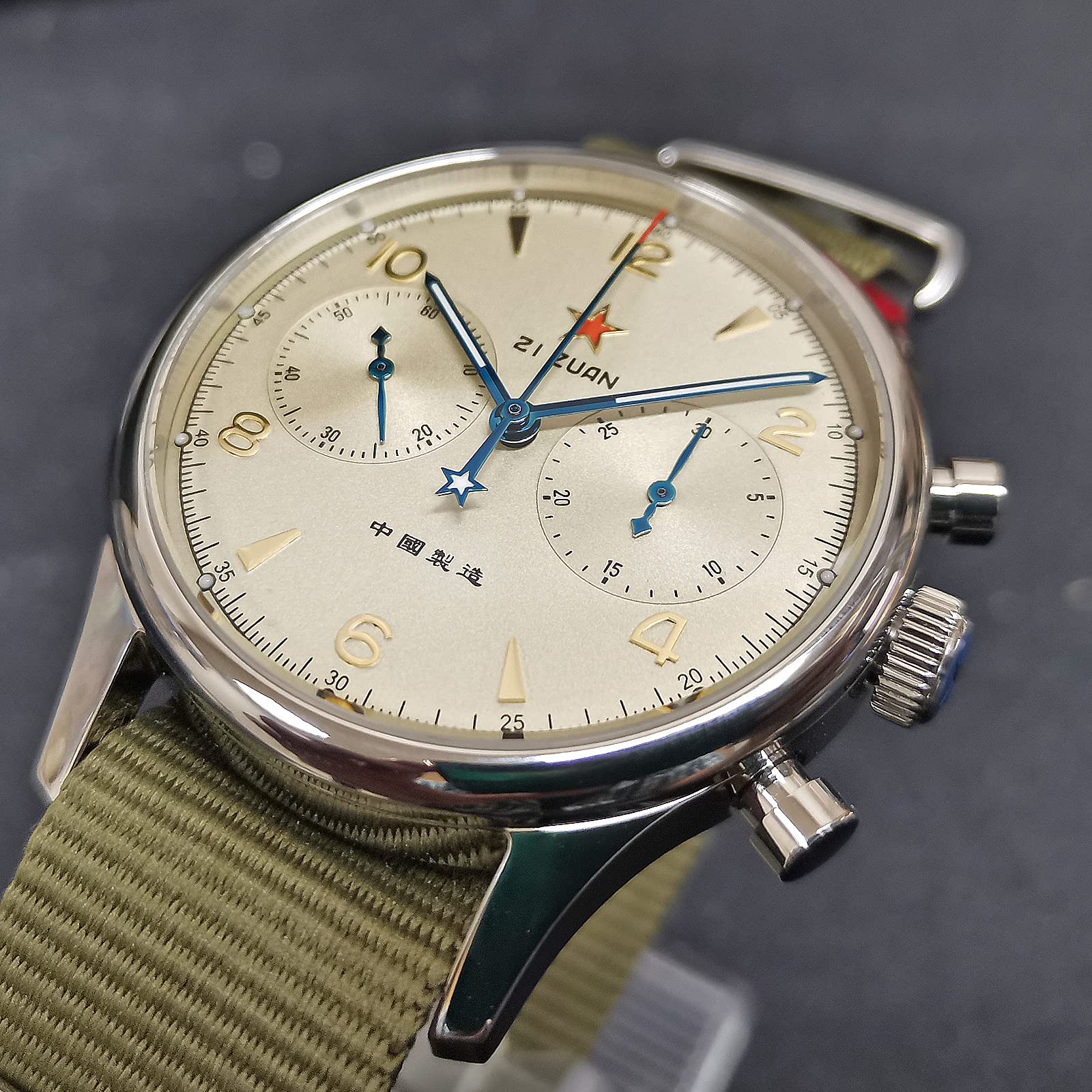 Чоловічий годинник Gooseneck Seagull Chronograph 1962 40mm Сяючий Сапфірове скло Нейлоновий ремінець ST1901 Рух Зелений, фото №5