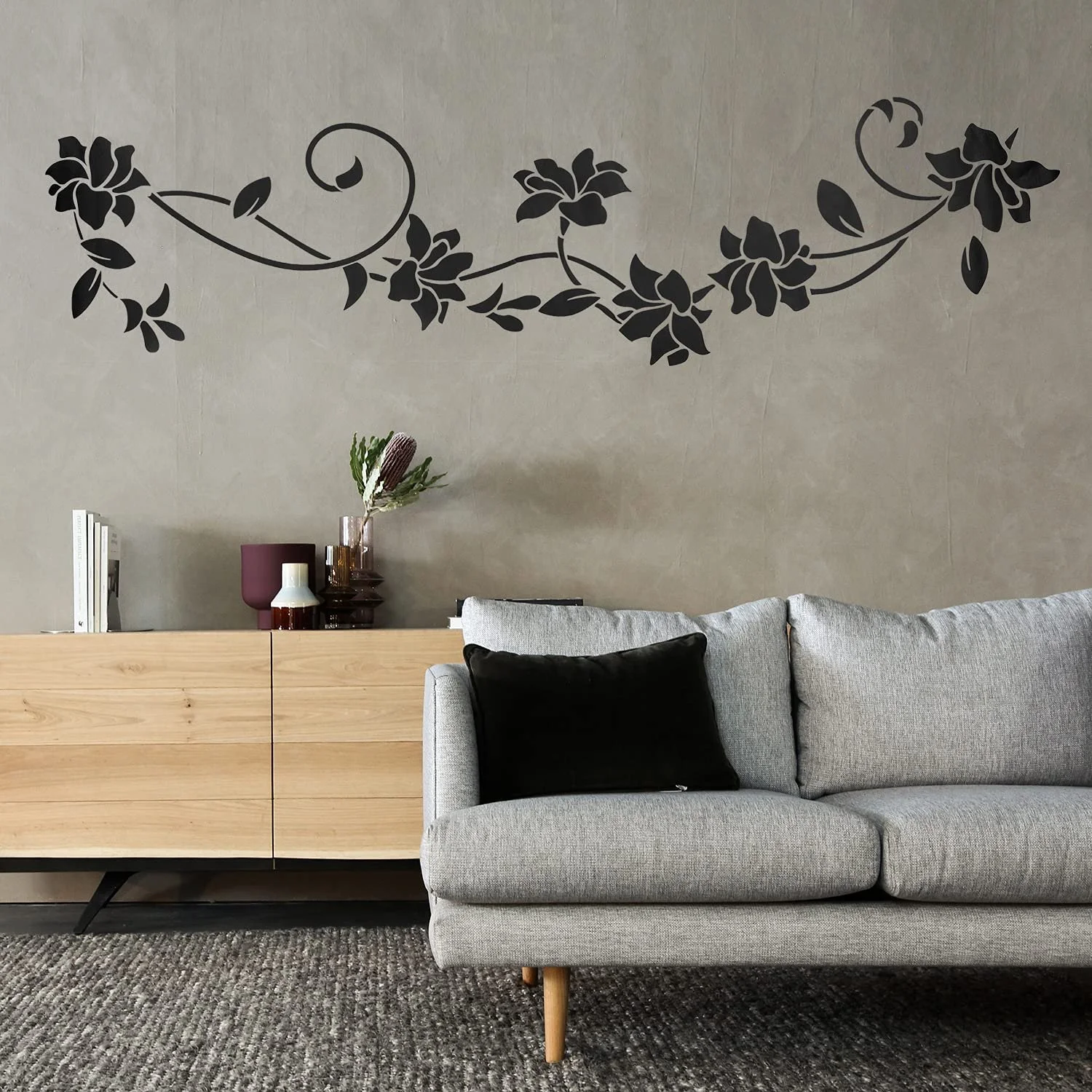 Наклейка на стіну Квітковий орнамент 2 штуки 30 x 105 см Чорна, фото №6