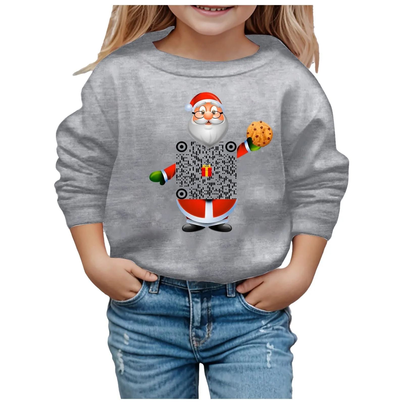 Різдвяний світшот, толстовка з довгими рукавами, круглим вирізом і різдвяним принтом з QR-кодом для дітей, фото №1