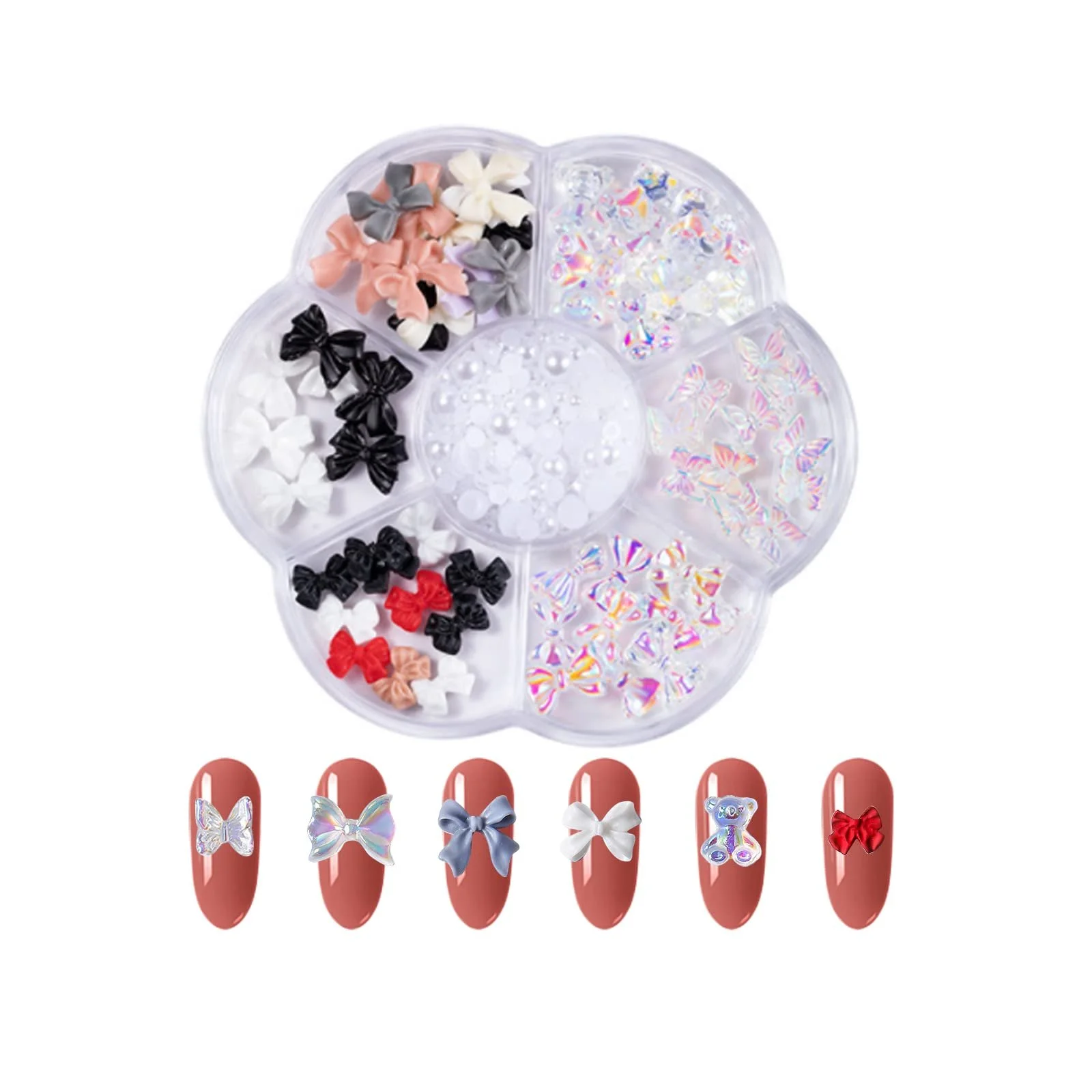 3D Декор для нігтів, 7 відділень, бантик, ведмедик, метелик, кришталеві стрази, фото №1