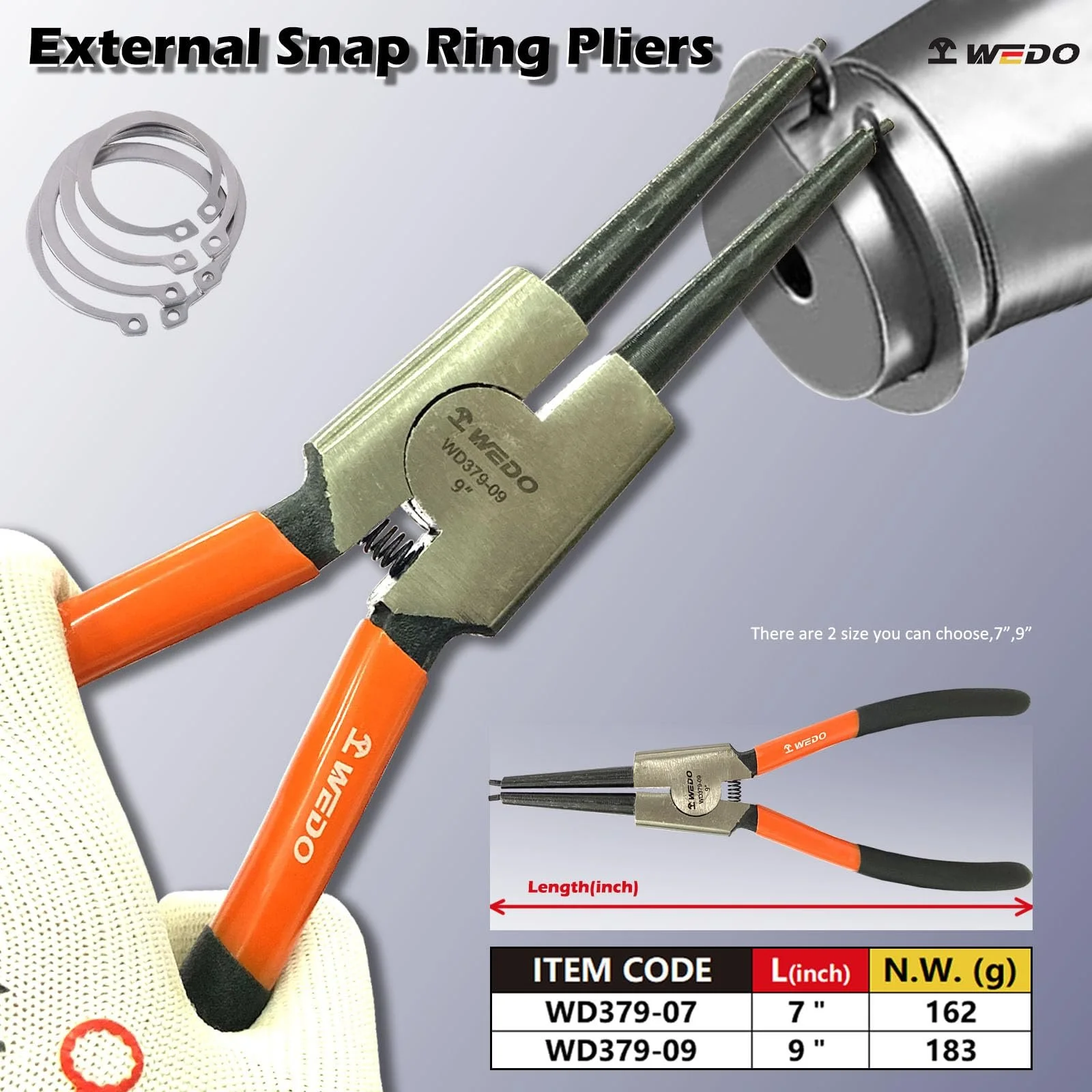Плоскогубцы для внешних стопорных колец WEDO 9 дюймов, нескользящие ручки, CR-V сталь, с прочными пружинами, фото №2